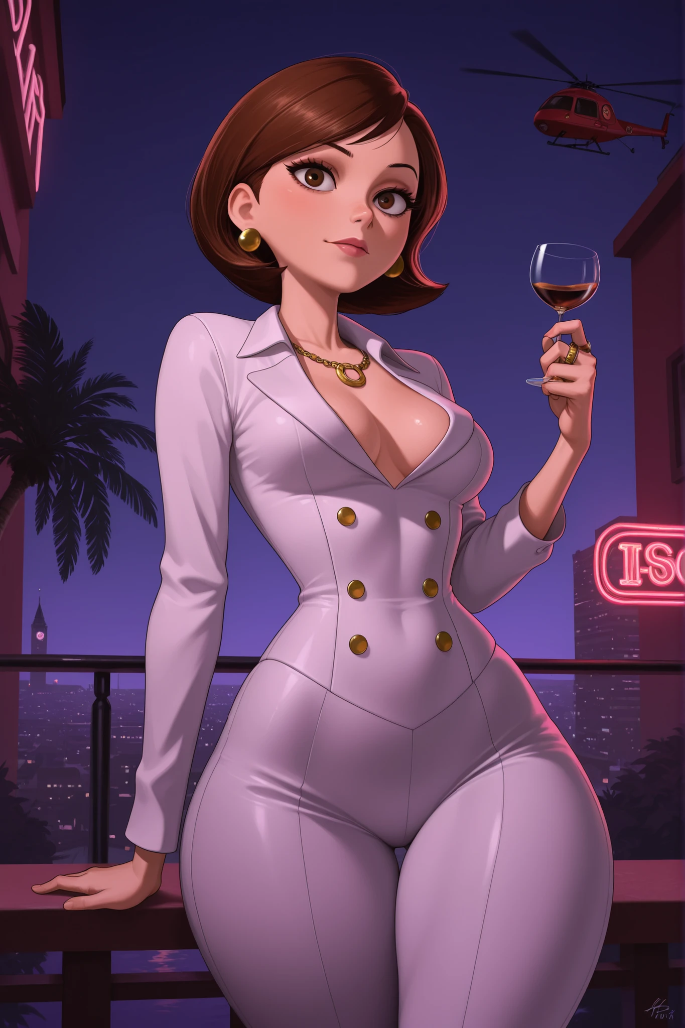 Helen Parr , mature female, medium hair, Bob_cut, brown hair, brown eyes, big eyes, long eyelashes, medium breasts, narrow waist, thick thighs, huge hips, fair skin, thin hands, earrings, makeup, pink lips, lipstick.| GTA tyle: Tony Montana, in his early 40s with olive skin, stands confidently on the balcony of a lavish Miami mansion at night, city lights flickering in the distance, in 1980. He wears a white double-breasted suit with a shirt unbuttoned at the collar, gold chains resting on his chest, In his right hand, he casually holds a glass of dark liquor, his left rests on a marble railing. Behind him, palm trees sway in the breeze and the swimming pool below reflects the glow of neon lights. The sky is deep indigo, with a helicopter circling far overhead. The mood is rich with arrogance, danger, and the quiet high of a man who’s taken everything — and knows it can all go in a flash. gold rings. gold chains.