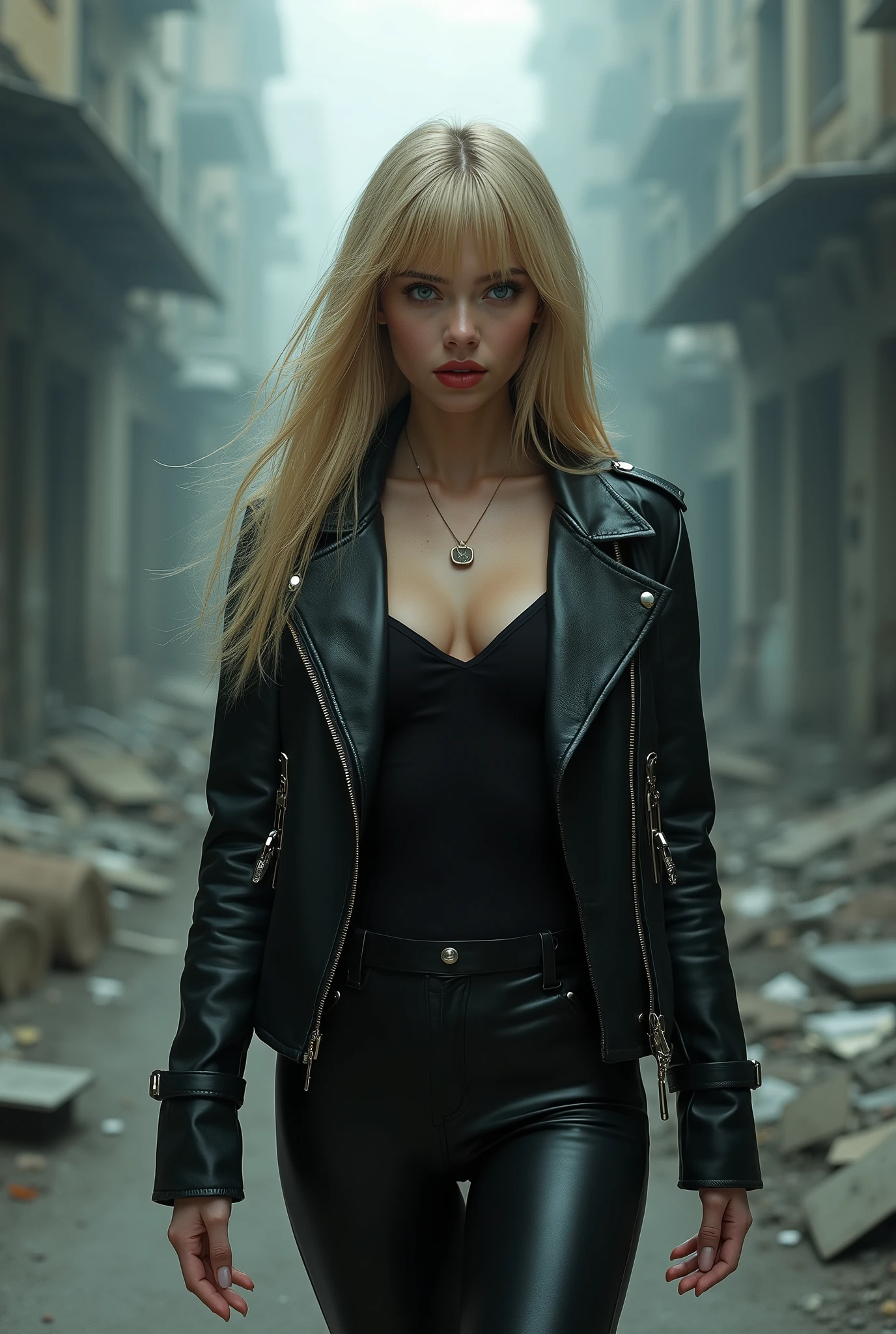 full body Realism , 22-year-old girl , long blond hair , bangs falling on her face , blue eyes , slightly open mouth , red lips , beautiful hairstyle , light makeup , round breasts , in a leather jacket , tight leather pants , black brea beautiful shoes on her feet , walking city street in the background , detailed appearance , detailed hairstyle , detailed environment , detailed background , dark futuristic dead city in the background , the photo was taken with a photorealistic SLR camera , resolution full hd , 8K