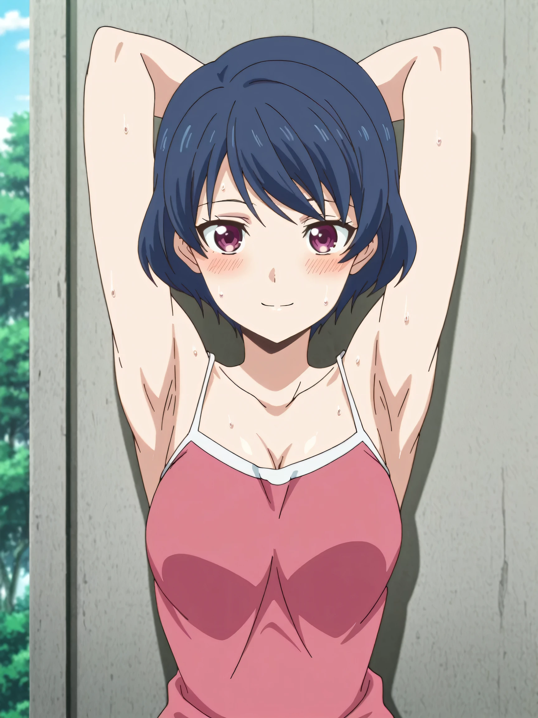 masterpiece, best quality, amazing quality, anime screencap, anime coloring, 1girl, solo, tachibana rui, , short hair, blue hair, choppy bangs, purple eyes, pink tank top, spaghetti straps, , (sweaty:0.7), shoulders, arms, arms behind head, armpits, armpits focus, head towards viewer, looking at viewer, light smile, blush, closed mouth, outdoors, day, (cleavage:0.7),