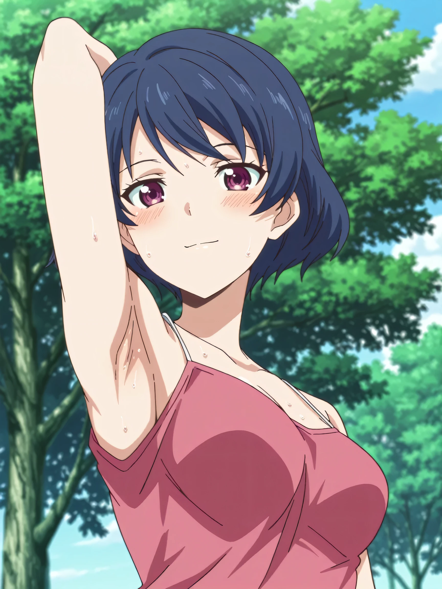 masterpiece, best quality, amazing quality, anime screencap, anime coloring, 1girl, solo, tachibana rui, , short hair, blue hair, choppy bangs, purple eyes, pink tank top, spaghetti straps, , (sweaty:0.8), shoulders, arms, arm behind head, armpit, armpit focus, head towards viewer, looking at viewer, light smile, blush, closed mouth, outdoors, day, from side, from below