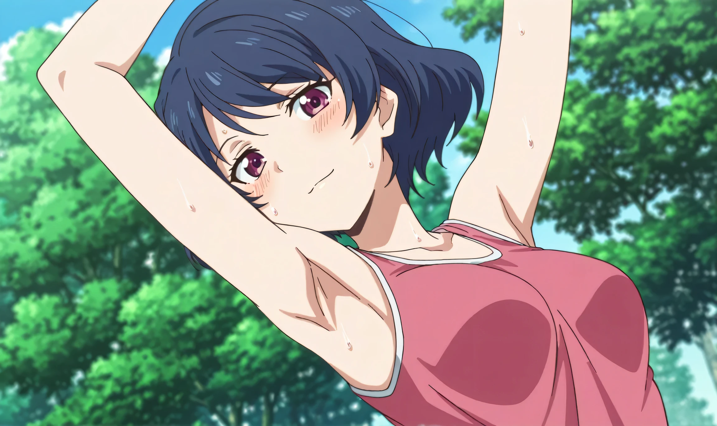masterpiece, best quality, amazing quality, anime screencap, anime coloring, 1girl, solo, tachibana rui, , short hair, blue hair, choppy bangs, purple eyes, pink tank top, spaghetti straps, , (sweaty:0.8), shoulders, arms, arm up, raised arm, armpit, armpit focus, head towards viewer, looking at viewer, light smile, blush, closed mouth, outdoors, day, from side, from below,