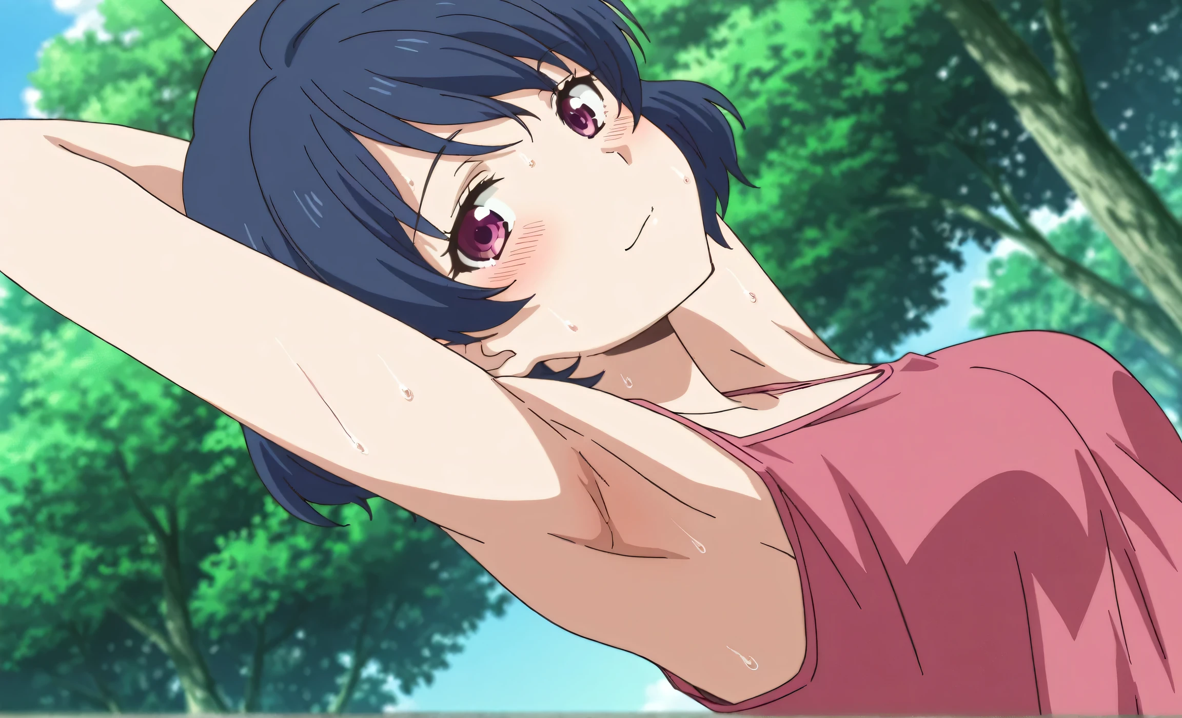masterpiece, best quality, amazing quality, anime screencap, anime coloring, 1girl, solo, tachibana rui, , short hair, blue hair, choppy bangs, purple eyes, pink tank top, spaghetti straps, , (sweaty:0.8), shoulders, arms, arm up, raised arm, armpit, armpit focus, head towards viewer, looking at viewer, light smile, blush, closed mouth, outdoors, day, from side, from below, armpit up close, close-up of armpit