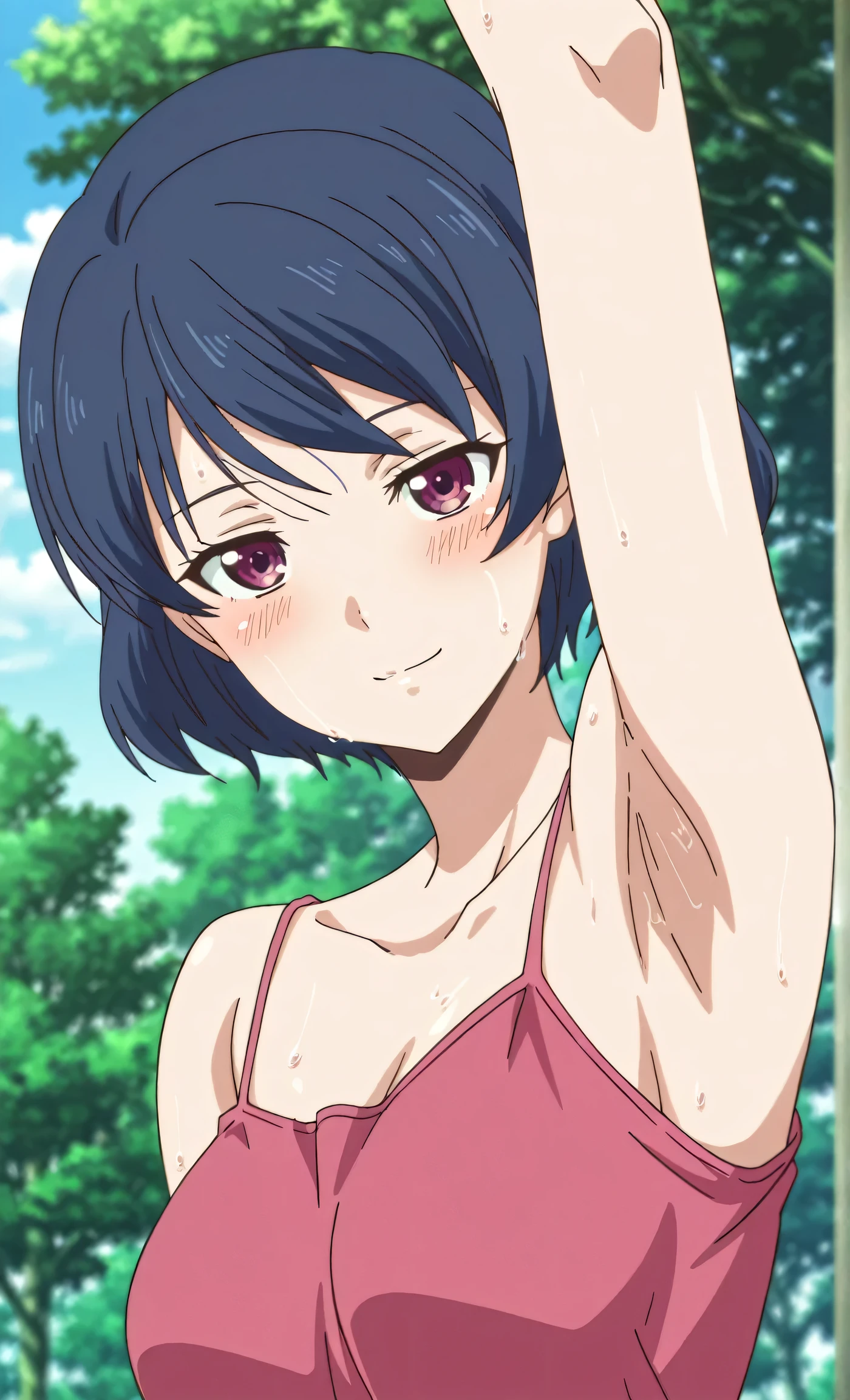 masterpiece, best quality, amazing quality, anime screencap, anime coloring, 1girl, solo, tachibana rui, , short hair, blue hair, choppy bangs, purple eyes, pink tank top, spaghetti straps, , (sweaty:0.8), shoulders, arms, arm up, raised arm, armpit, armpit focus, head towards viewer, looking at viewer, light smile, blush, closed mouth, outdoors, day,