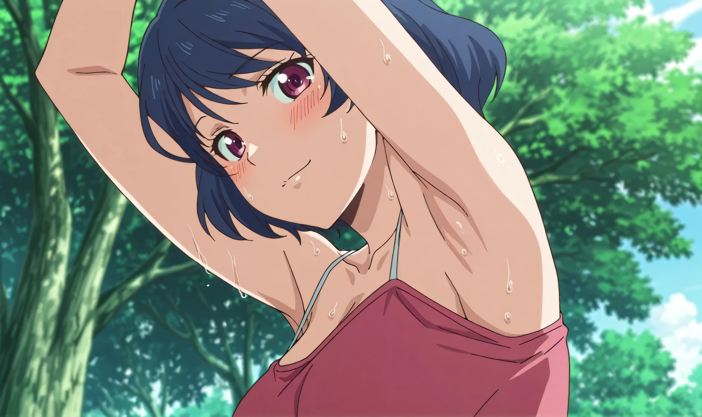masterpiece, best quality, amazing quality, anime screencap, anime coloring, 1girl, solo, tachibana rui, , short hair, blue hair, choppy bangs, purple eyes, pink tank top, spaghetti straps, , (sweaty:0.8), shoulders, arms, arm up, raised arm, armpit, armpit focus, head towards viewer, looking at viewer, light smile, blush, closed mouth, outdoors, day, from side, from below,