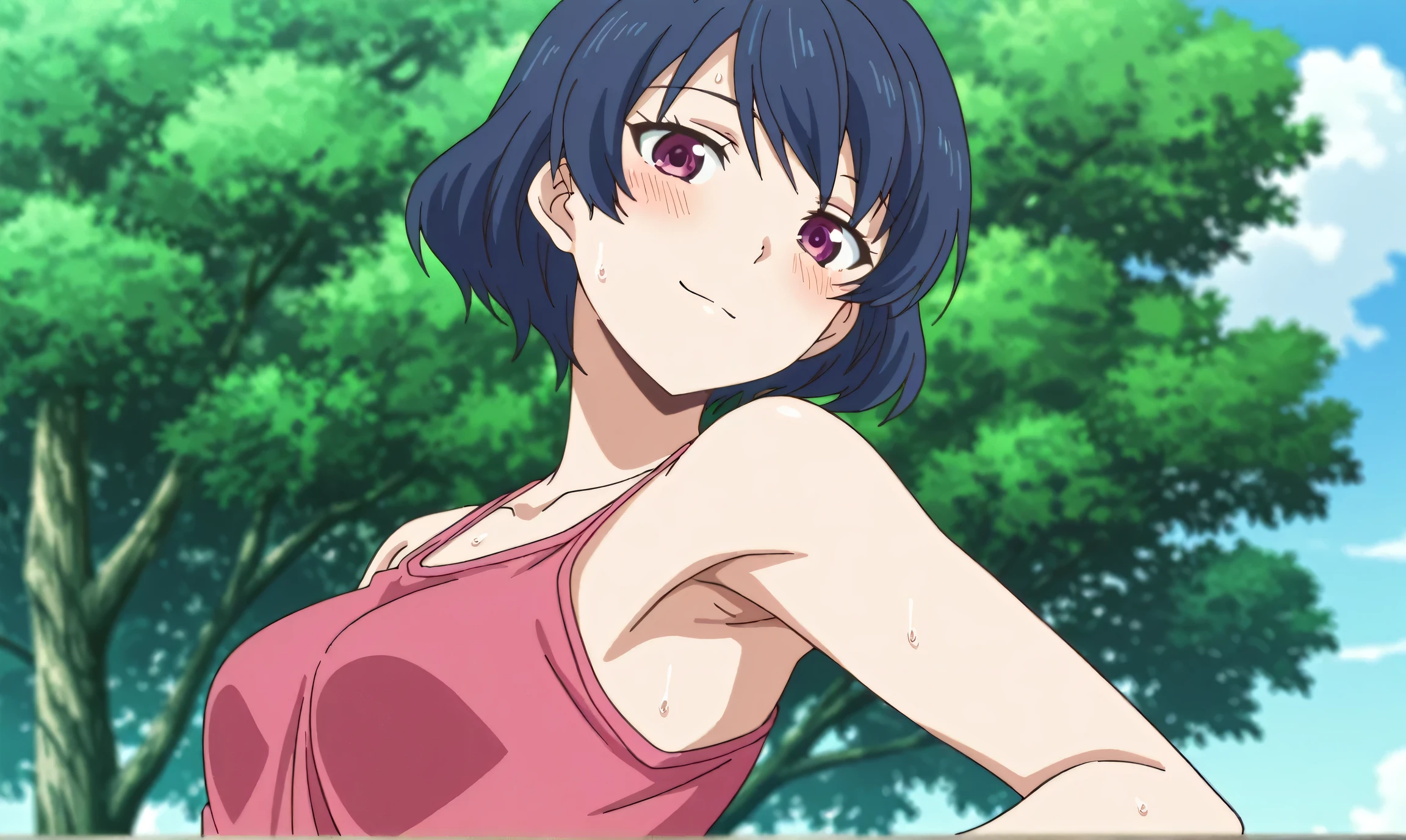 masterpiece, best quality, amazing quality, anime screencap, anime coloring, 1girl, solo, tachibana rui, , short hair, blue hair, choppy bangs, purple eyes, pink tank top, spaghetti straps, , (sweaty:0.8), shoulders, arms, armpit, armpit focus, head towards viewer, looking at viewer, light smile, blush, closed mouth, outdoors, day, from side, from below,
