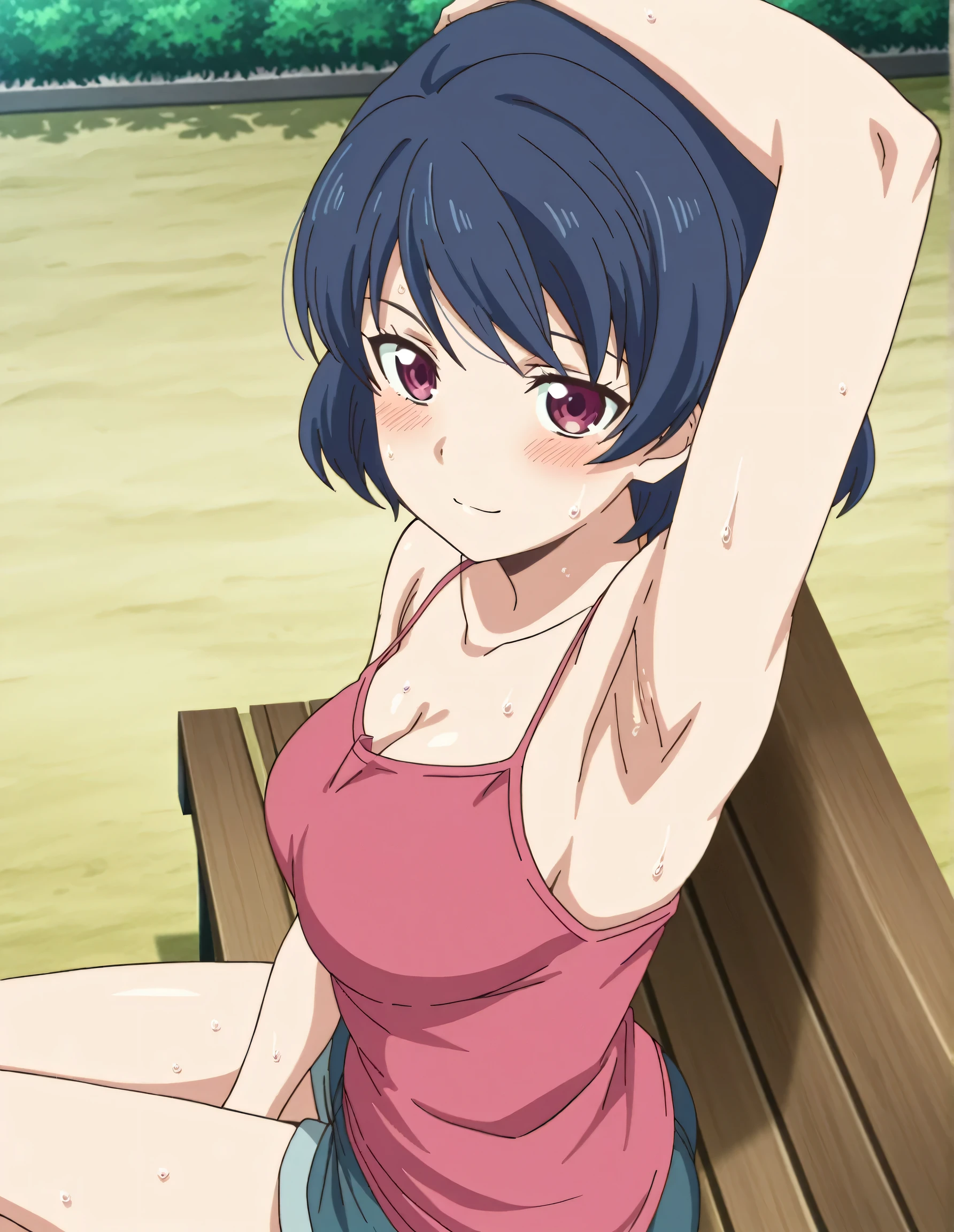 masterpiece, best quality, amazing quality, anime screencap, anime coloring, 1girl, solo, tachibana rui, , short hair, blue hair, choppy bangs, purple eyes, pink tank top, spaghetti straps, , (sweaty:0.8), shoulders, arms, arm on own head, armpit, armpit focus, head towards viewer, looking at viewer, light smile, blush, closed mouth, outdoors, day, from side, from above, sitting on a bench, short shorts, (cleavage:0.7)