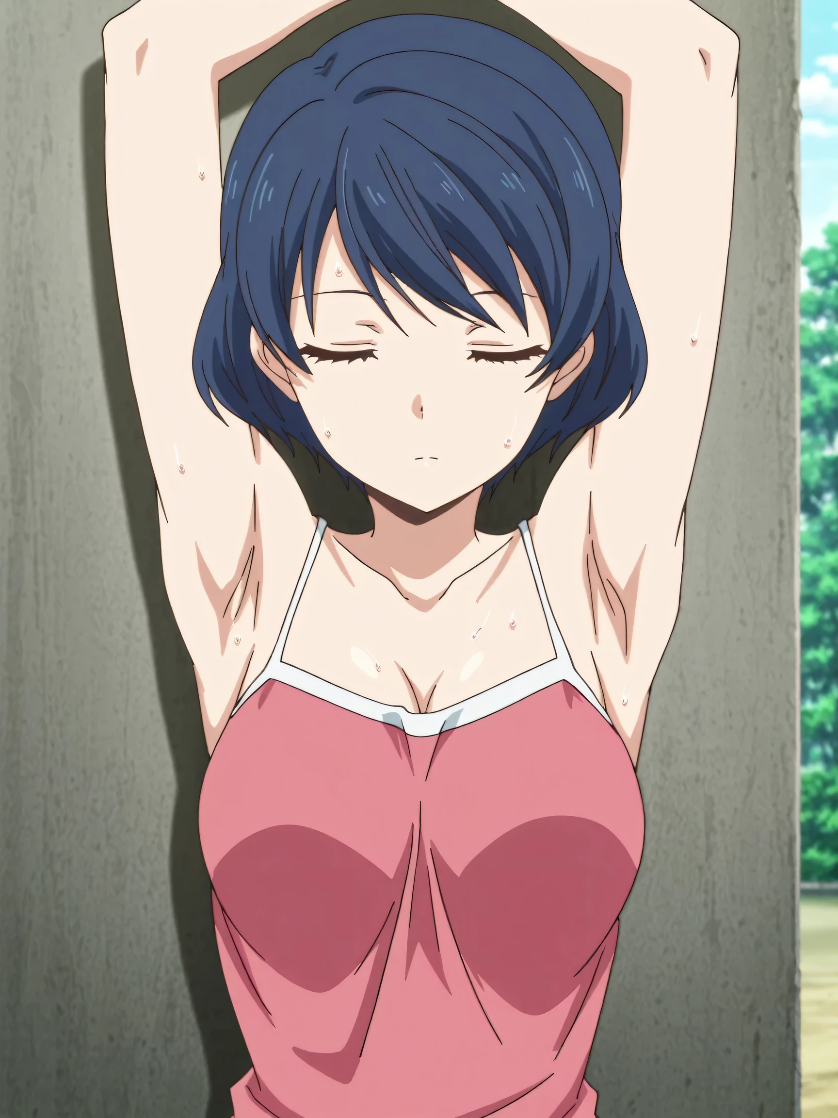 masterpiece, best quality, amazing quality, anime screencap, anime coloring, 1girl, solo, tachibana rui, , short hair, blue hair, choppy bangs, pink tank top, spaghetti straps, , (sweaty:0.7), shoulders, arms, arms up, raised arms, armpits, armpits focus, head towards viewer, closed eyes, expressionless, closed mouth, outdoors, day, (cleavage:0.7),