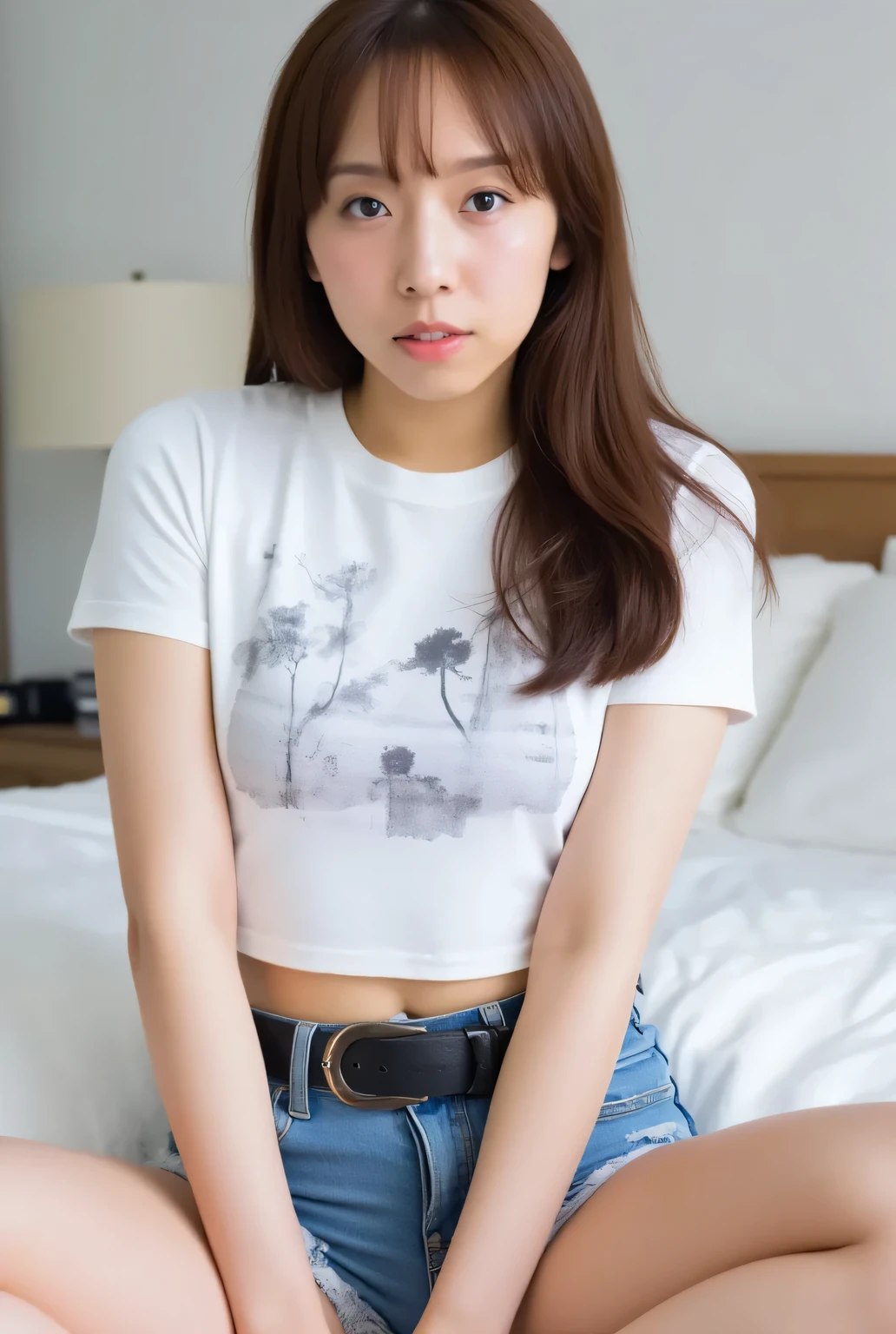 8K high resolution image. Mai Shinuchi. Woman in bed in bedroom. Brown hair and perfect body. (White cropped random print T-shirt), (((Wearing micro-distressed denim shorts with a thick black belt))). Midriff baring (((Random yoga pose: 1.9))), ((( expression))), legs, toned waist, (), beautiful body and face, perfect physique. Sophie Mudd portrait, young and cute girl, , 24 year old model, in shorts, perfect body and face, adorable young woman