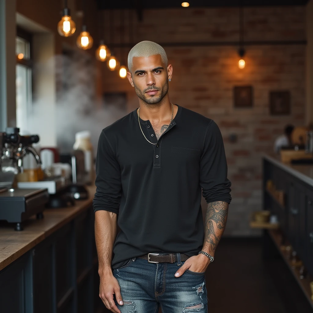 ((Top quality, portraits, masterpieces, 8K:1.3 wallpapers))
1 man, shirt, red cold blouse, pants, sneakers, ultra realistic, quality of a movie 007,brunette jambo, ((head hair military cut))pectoral defined, age 40 years,(height 1.75), arms (medium with well-defined median muscles) normal abdomen ,gray shirt, wearing a ((Red cold blouse)) with the hood back, blue jeans wear of time,  thick legs style ((Renato Cariane)),tennis((black)) with red stripes, is seated(( in a summer house by the sea)),( late afternoon sun illuminated, the balcony on your right a table and a glass with grape juice, this seated(( with the legs at the angle of 45 degrees)) with the left hand resting on the left leg,  he's picking up the cup facing the viewer, hair half gray, beard half gray well done, brown eyes, fleshy lips style Indian (Brazil)Hair cut on the side Comb ! of the machine and in the top stop number 4 of the machine)(full body photo)((with only one glass on the table0( a colorless bottle by half of juice)((( Hair cut Renato Cariane))in the format 1368x768((black sneakers))((red cold blouse))(( photo showing the whole body))((Low cut hair with gel in the hair)). --auto --s2