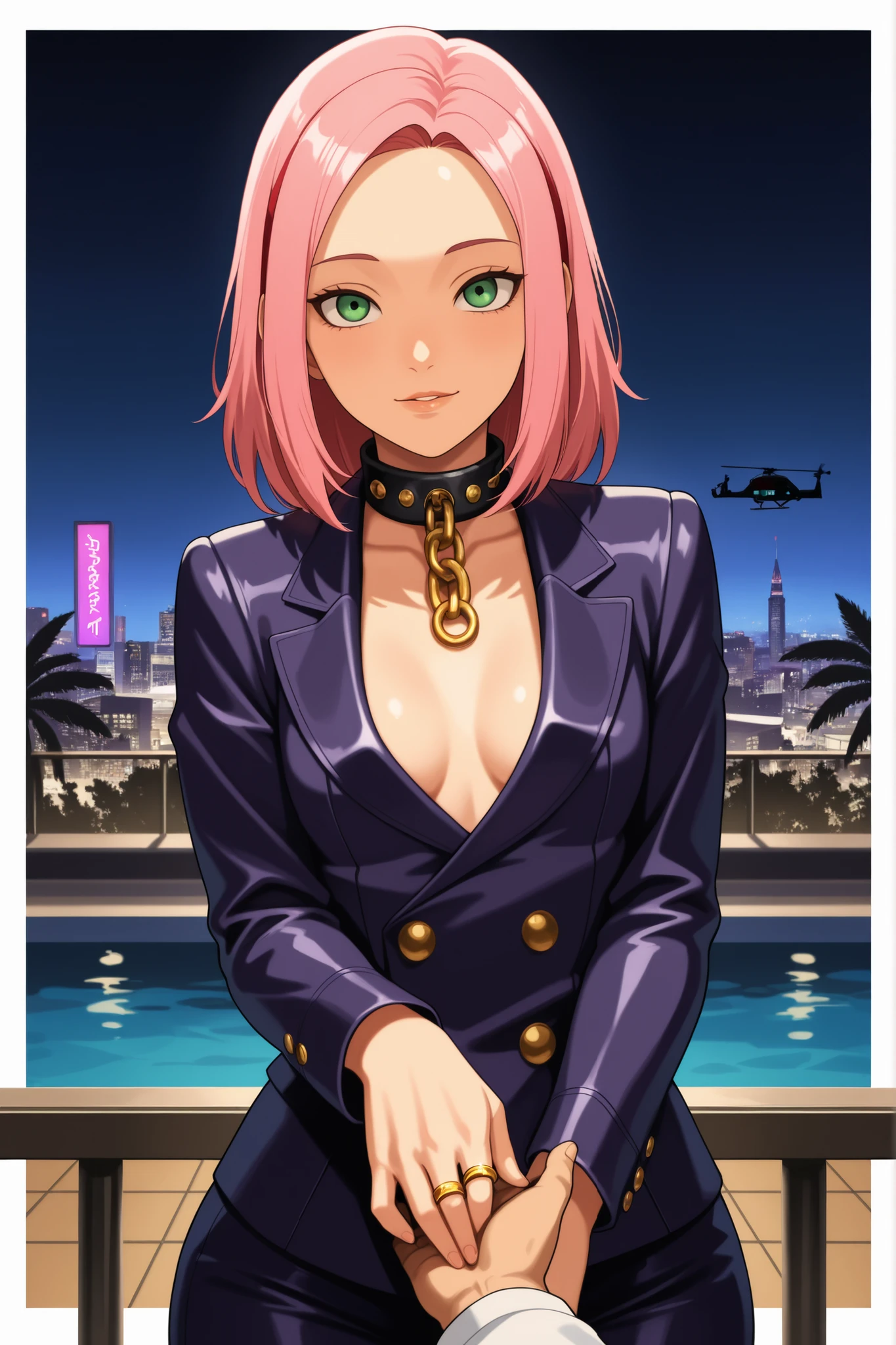 Sakura Haruno. small breasts, huge hips, pink hair, medium hair, light green eyes, thin lips, very fair skin, big forehead. | GTA tyle: Tony Montana, in his early 40s with olive skin, stands confidently on the balcony of a lavish Miami mansion at night, city lights flickering in the distance, in 1980. He wears a white double-breasted suit with a shirt unbuttoned at the collar, gold chains resting on his chest, In his right hand, he casually holds a glass of dark liquor, his left rests on a marble railing. Behind him, palm trees sway in the breeze and the swimming pool below reflects the glow of neon lights. The sky is deep indigo, with a helicopter circling far overhead. The mood is rich with arrogance, danger, and the quiet high of a man who’s taken everything — and knows it can all go in a flash. gold rings. gold chains.