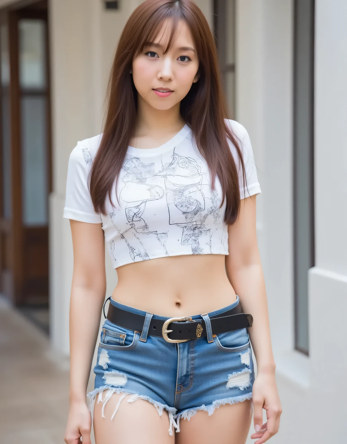 8K high resolution image. Mai Shinuchi. A woman standing in front of a building. Brown hair and a perfect body. (White cropped random print T-shirt), (((Wearing micro-distressed denim shorts with a thick black belt))). Midriff baring ((Standing in a  pose: 1.9)), wearing sneakers, toned waist, beautiful body and face, perfect physique. Sophie Mudd portrait, young and cute girl, , 24 year old model,  in shorts, perfect body and face, adorable young woman