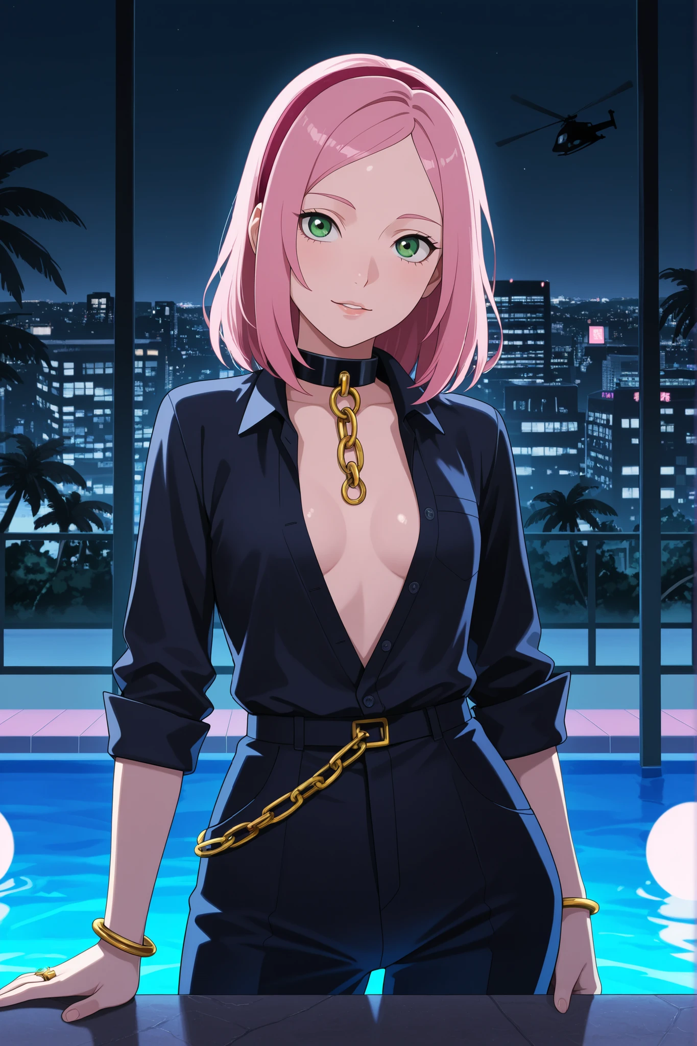 Sakura Haruno. small breasts, huge hips, pink hair, medium hair, light green eyes, thin lips, very fair skin, big forehead. | GTA tyle: Tony Montana, in his early 40s with olive skin, stands confidently on the balcony of a lavish Miami mansion at night, city lights flickering in the distance, in 1980. He wears a suit with a shirt unbuttoned at the collar, gold chains resting on his chest, In his right hand, he casually holds a glass of dark liquor, his left rests on a marble railing. Behind him, palm trees sway in the breeze and the swimming pool below reflects the glow of neon lights. The sky is deep indigo, with a helicopter circling far overhead. The mood is rich with arrogance, danger, and the quiet high of a man who’s taken everything — and knows it can all go in a flash. gold rings. gold chains.