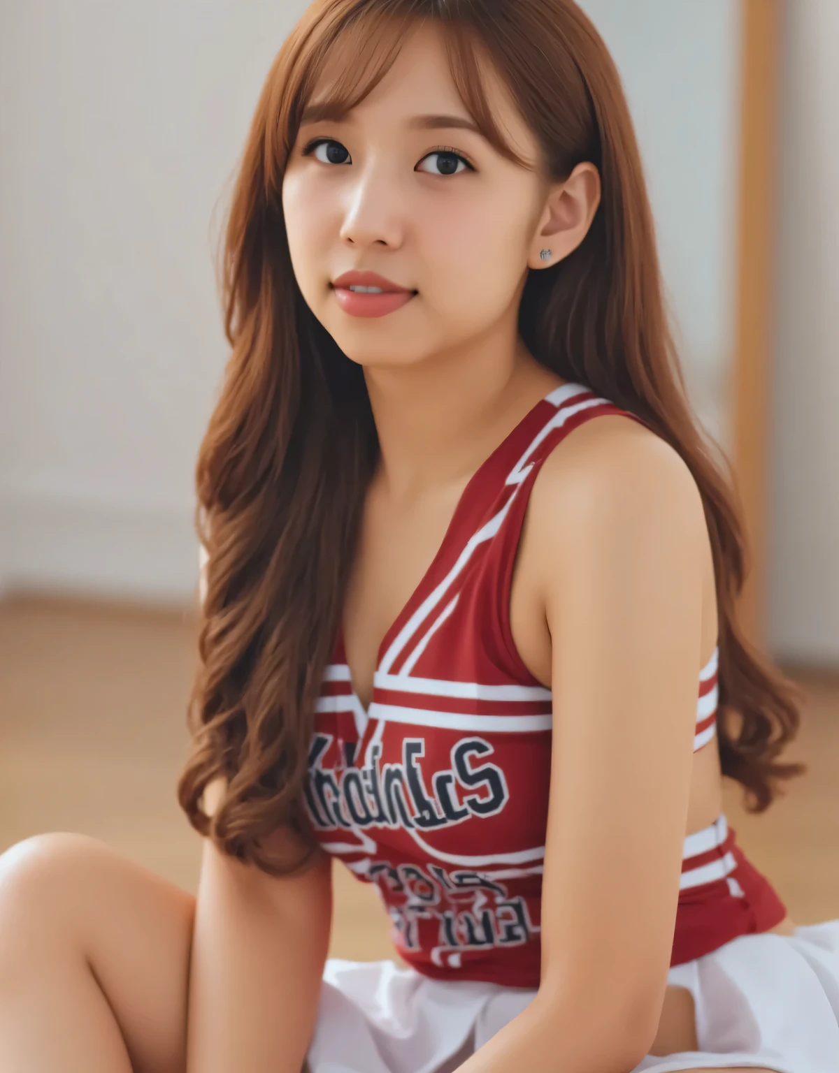 cheerleader uniform, pleated mini skirt, detailed closeup portrait, cute young woman, looking at camera, confident expression, natural skin, long brown hair, high resolution, 8K, photorealistic, professional photography, studio lighting, shallow depth of field, warm color palette, cinematic lighting