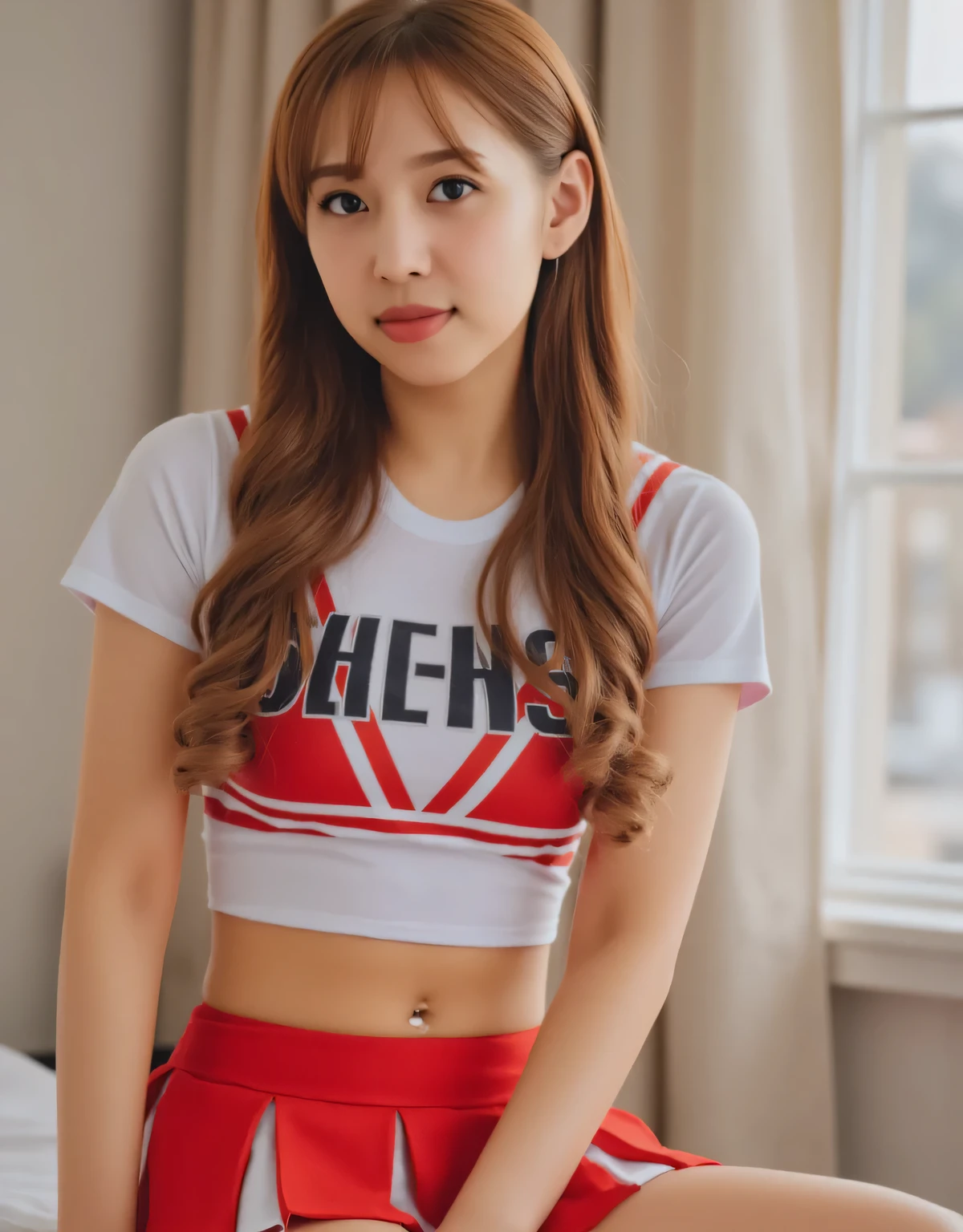 cheerleader uniform, pleated mini skirt, detailed closeup portrait, cute young woman, looking at camera, confident expression, natural skin, long brown hair, high resolution, 8K, photorealistic, professional photography, studio lighting, shallow depth of field, warm color palette, cinematic lighting