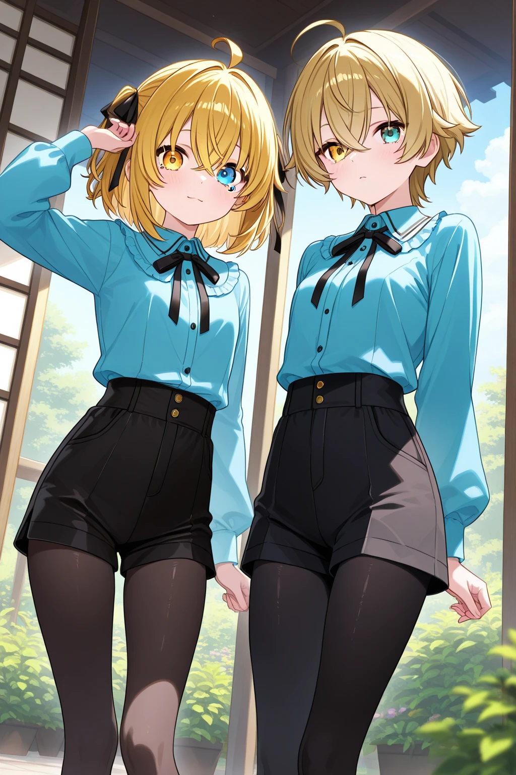 Anime girl, 3D art, sitting on the bench, wide spreading legs, 1 girl (solo), hourglass figure, big size chest (big size boobs), looking at viewer, shy face, blush face, long hair, yellow hair, green eyes, park (trees, grass, bench), wearing a black lace , wearing a black lace , wearing a usual black tights, wearing a usual black garter belt, ultra resolution, high detailed, a Head with good , a body with good , a hands with good , a legs with good , well drawn navel, open navel (visible navel), full body view, visible legs, two visible pigtails 