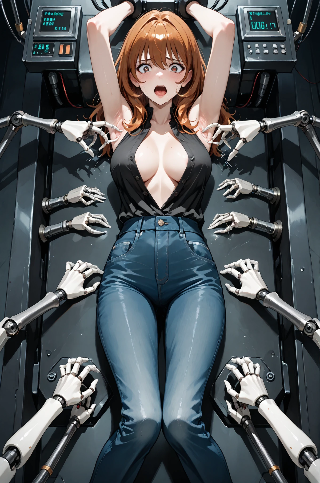 sexy beauty,Mine Fujiko,Female Spy,The darkness of the basement ,tickling machine,Caught and tortured,slender young woman, black open front shirt, the zipper on the jeans is fully open,big eyes ,Ahe face, ,Half Open Mouth,Long, slender limbs,Multiple Small Mechanical Arms, tickle, Tickling in the sides, Stroking the chest,太ももをtickle, ecstasy when I lick my face violently, sensual atmosphere where you can stroke your armpits with your tentacles artistic points:,10 small machine hands are growing,torture with a fully automatic stroking machine,tickleマシンから10本の小さな機械式アームが生えています,You can stroke your armpits with a mechanical arm,胸をtickleことができます,My thighs are tickled,The limbs are fixed,The black shirt has all buttons off,   take off your jeans to your knees ,,,full nude,I can see my whole body,10 small mechanical arms have grown from the,Clothes are tattered and full of holes,open legs in parallel,