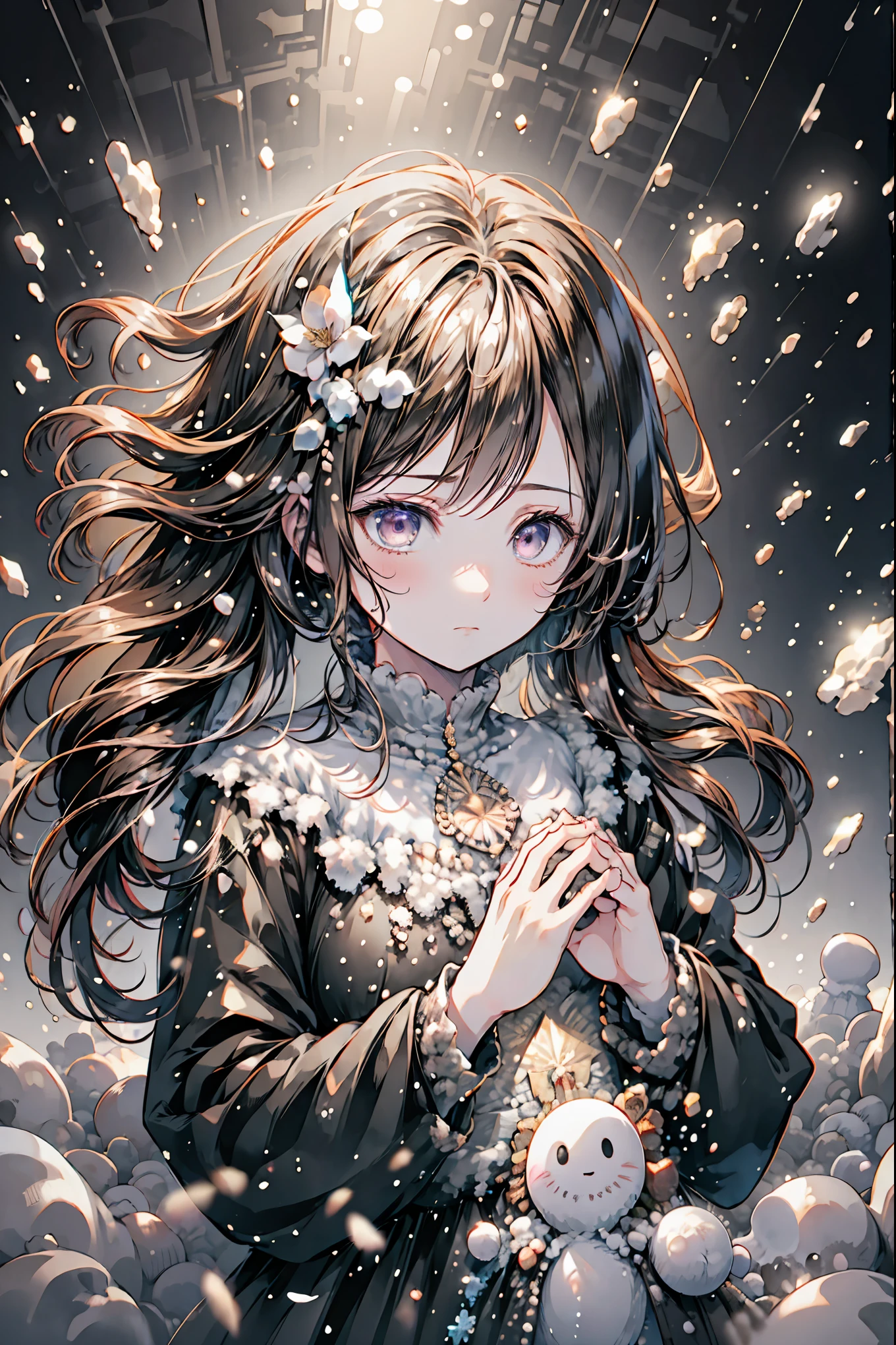 Frozen Beauty、A Gentle Gaze That Occasionally Peeks Under Her Ghostly Exterior masterpiece, Realistic, prayer,Joining hands in prayer,🙏,Beautiful Portrait, high resolution, Vivid Colors, Fine Texture, extreme detail depiction, Professional Shooting, bokeh, HDR, studio lighting, photorealistic expression, emotional expression, Frozen skin , flowing hair、Frozen Eyes、Transparent Underwear、Ice Background、in dark tones、mystical atmosphere