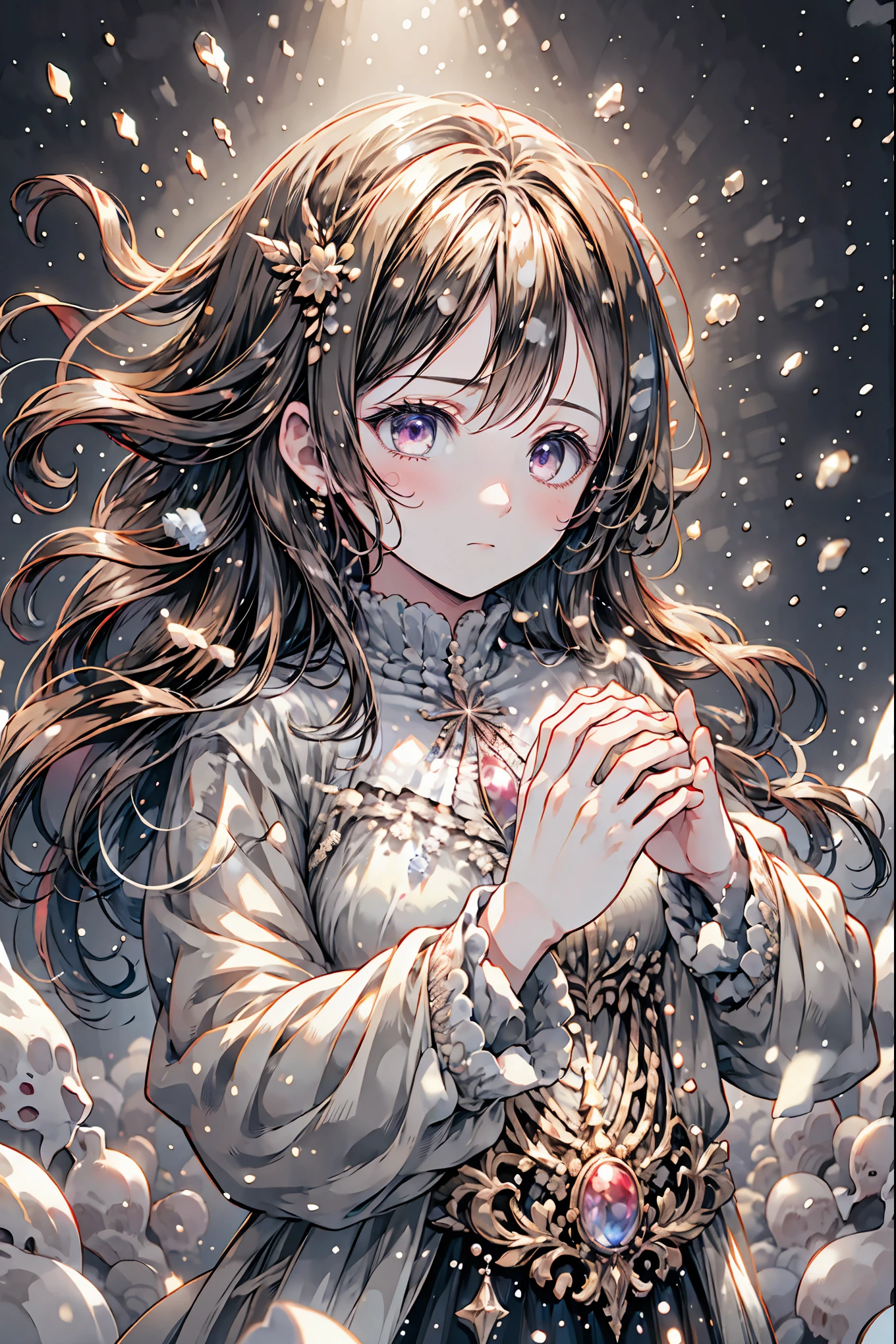 Frozen Beauty、A Gentle Gaze That Occasionally Peeks Under Her Ghostly Exterior masterpiece, Realistic, prayer,Joining hands in prayer,🙏,Beautiful Portrait, high resolution, Vivid Colors, Fine Texture, extreme detail depiction, Professional Shooting, bokeh, HDR, studio lighting, photorealistic expression, emotional expression, Frozen skin , flowing hair、Frozen Eyes、Transparent Underwear、Ice Background、in dark tones、mystical atmosphere