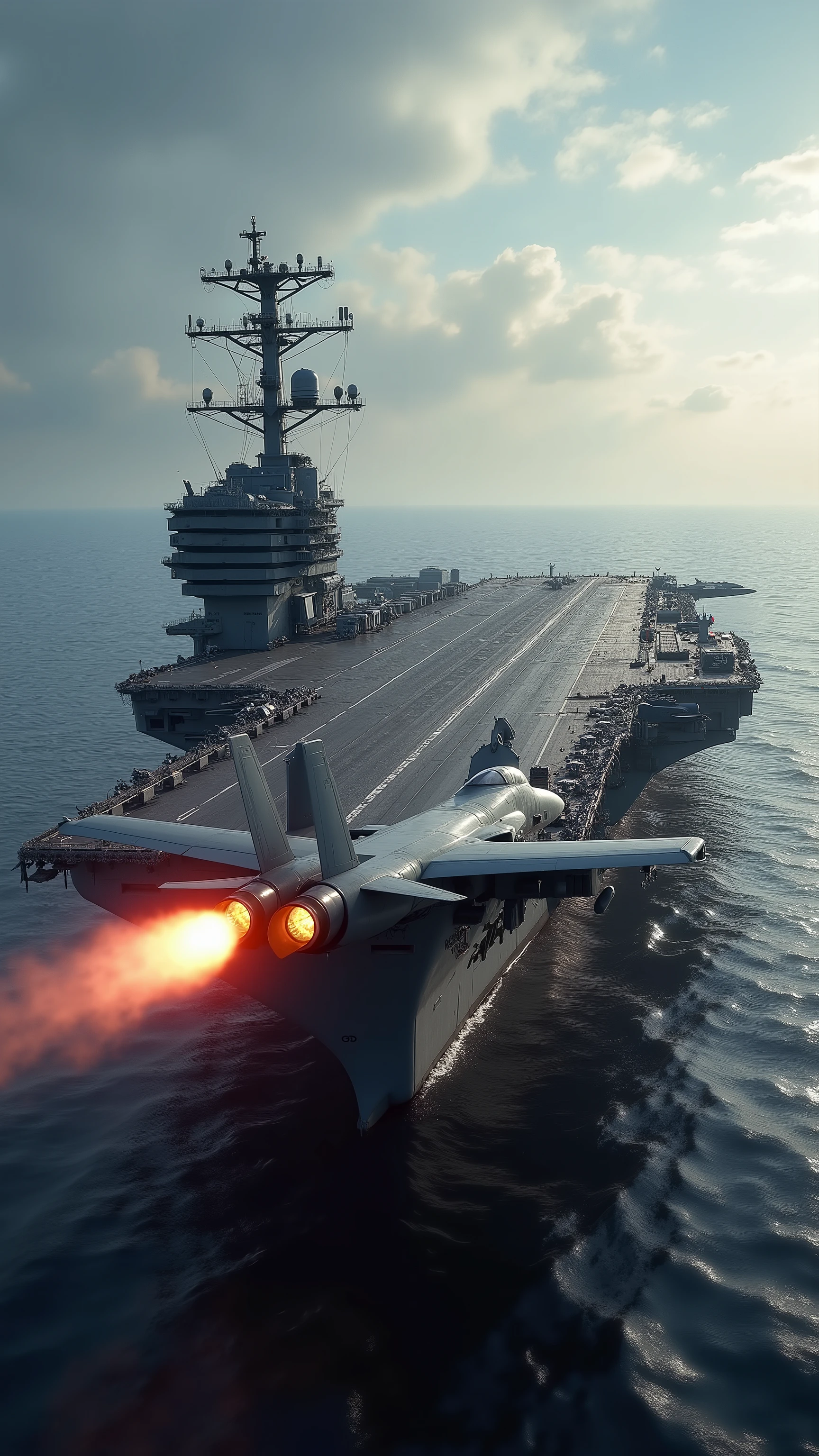 high-definition images、aircraft carrier Nimitz class Ronald Reagan with the afterburner at full throttle、F-14 Maverick starting from the