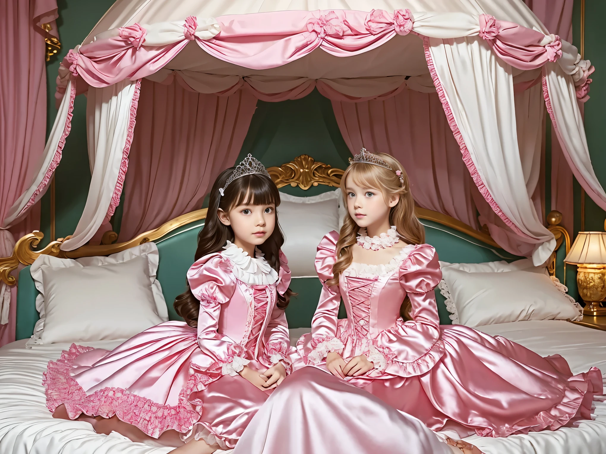 on the bed,Canopy Bed,,Highest Quality, masterpiece, highest resolution, art work, super それにget used to it, many get used to it, get used to it, それにget used to it, 3k photos,,(( Little Girls)),((12 years old)),super fine young face,The three are princesses,long ball gown dress with hoop skirt,ruffled yoke collar,puff sleeve,LONG SLEEVE,((TA style princess satin dress with hot pink details with lots of ruffles and bows)),Rococo Fashion,Soft and Smooth Fabric,Luxury,long blond hair,blue eyes, WHITE SKINED EUROPEAN ,pajamas,((in the bedroom)),Luxury princess canopy frilled bed,Highly detailed bed,they are sitting on the bed, High quality background ,