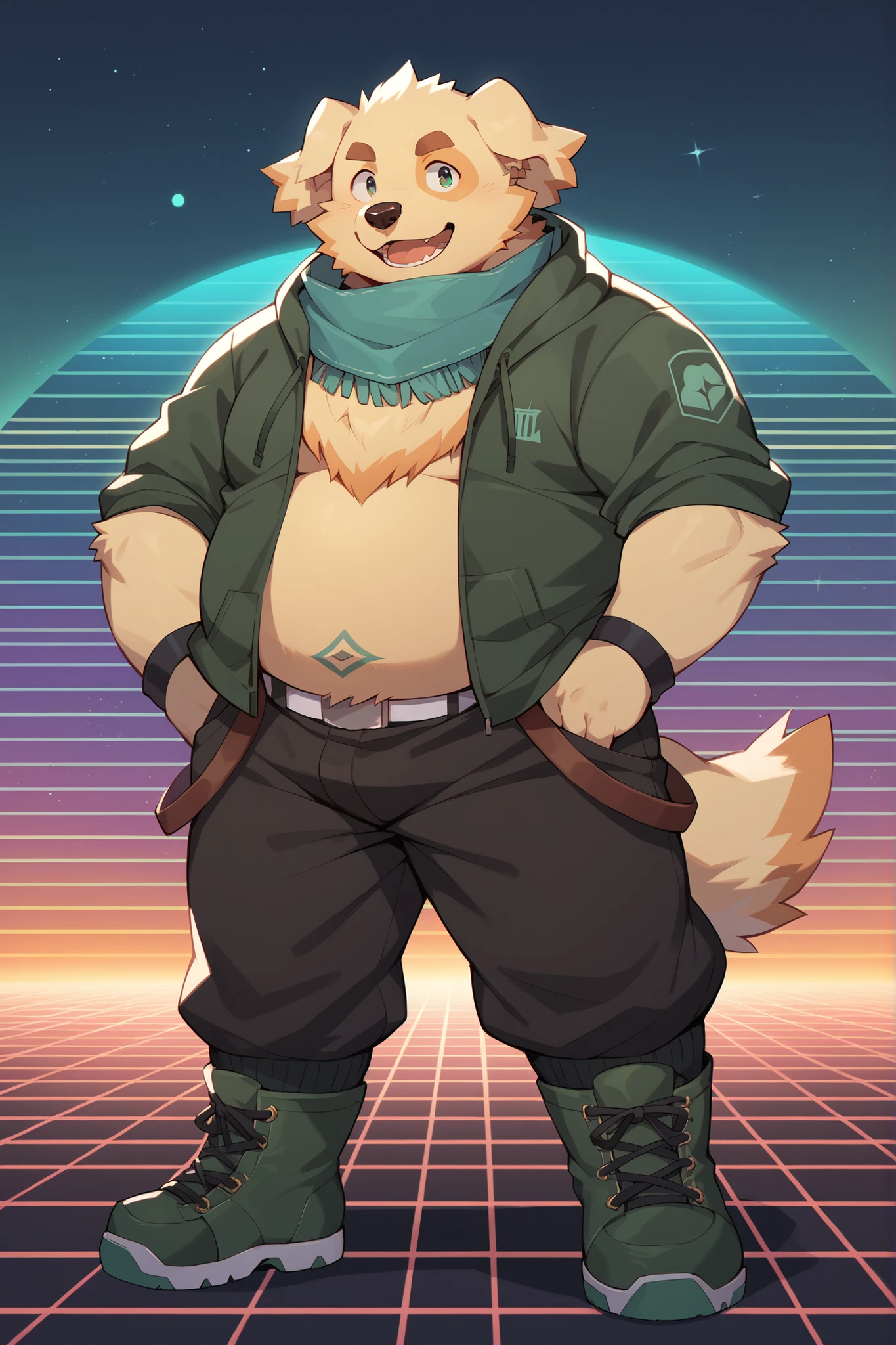  source_cartoon, Together with Sith,  furry ,  anthro , dog,   golden retriever  ,  chubby, Fat,  scarf,    green futuristic bodysuit, silver green boots, 80s style, synthwave background, looking at viewers,  smiles, standing  up,  pose ,  cute, :3
