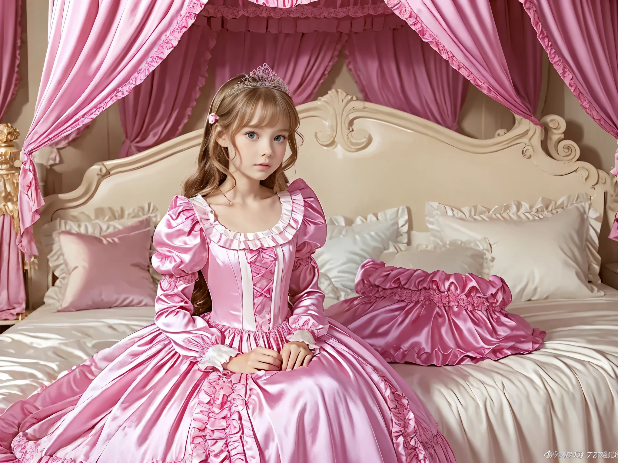 on the bed,Canopy Bed,,Highest Quality, masterpiece, highest resolution, art work, super それにget used to it, many get used to it, get used to it, それにget used to it, 3k photos,,(( Little Girls)),((12 years old)),super fine young face,The three are princesses,long ball gown dress with hoop skirt,ruffled yoke collar,puff sleeve,LONG SLEEVE,((TA style princess satin dress with hot pink details with lots of ruffles and bows)),Rococo Fashion,Soft and Smooth Fabric,Luxury,long blond hair,blue eyes, WHITE SKINED EUROPEAN ,pajamas,((in the bedroom)),Luxury princess canopy frilled bed,Highly detailed bed,they are sitting on the bed, High quality background ,