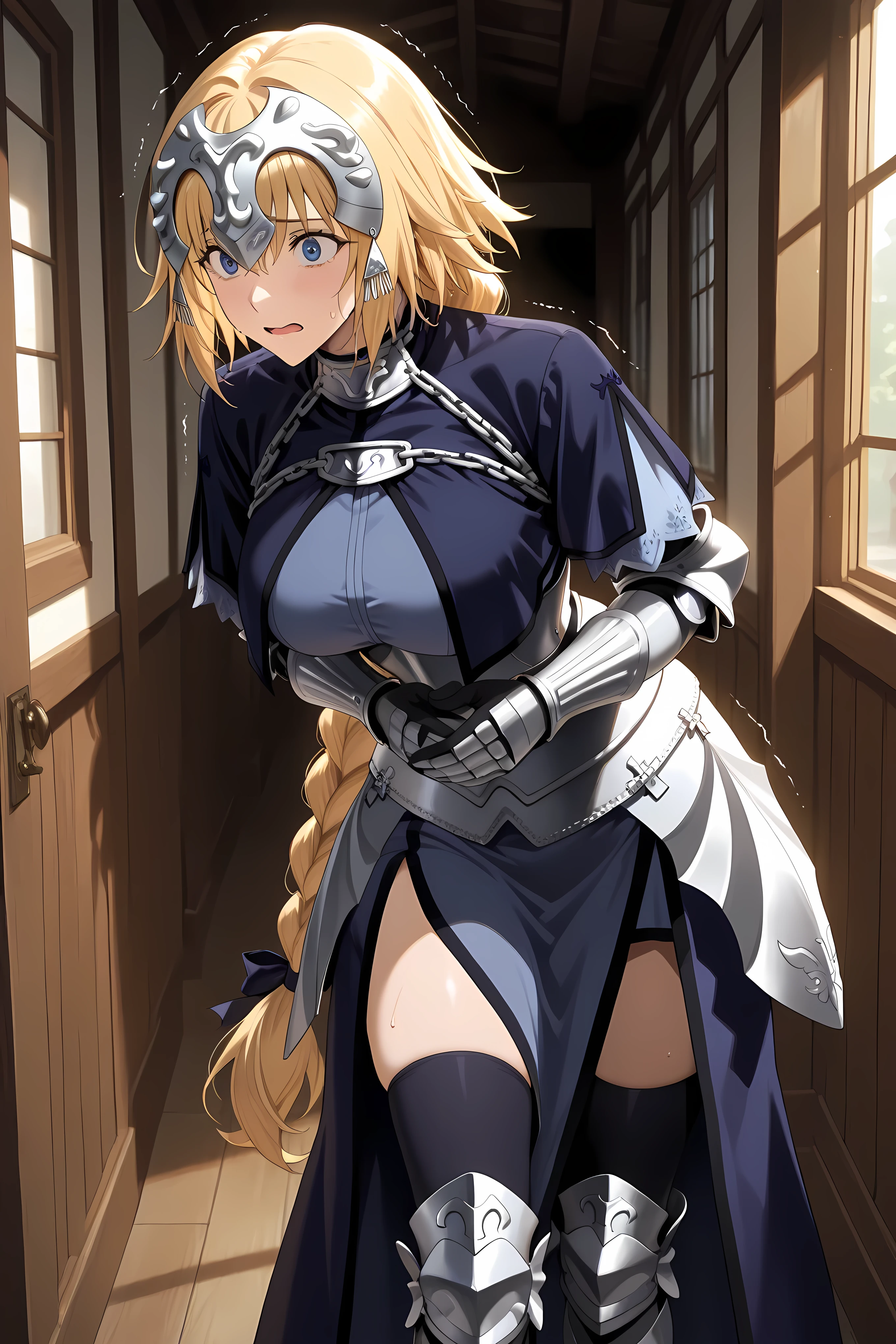 jeanne d arc, blonde hair, blue eyes, long hair, large breasts,,armor, armored boots, armored dress, black gloves, black thighhighs, braid, dress, gauntlets, gloves, headpiece, blue dress, single braid, thighhighs, half body shot,

Solo, general, masterpiece, highres, ultra-detailed, hyper-detailed, best quality,  amazing quality, very aesthetic, best hands, best eyes, best hand
adult woman, 1woman, hand on own stomach, sweat,  leaning forward, nervous, scared, trembling legs, wooden house hallway

