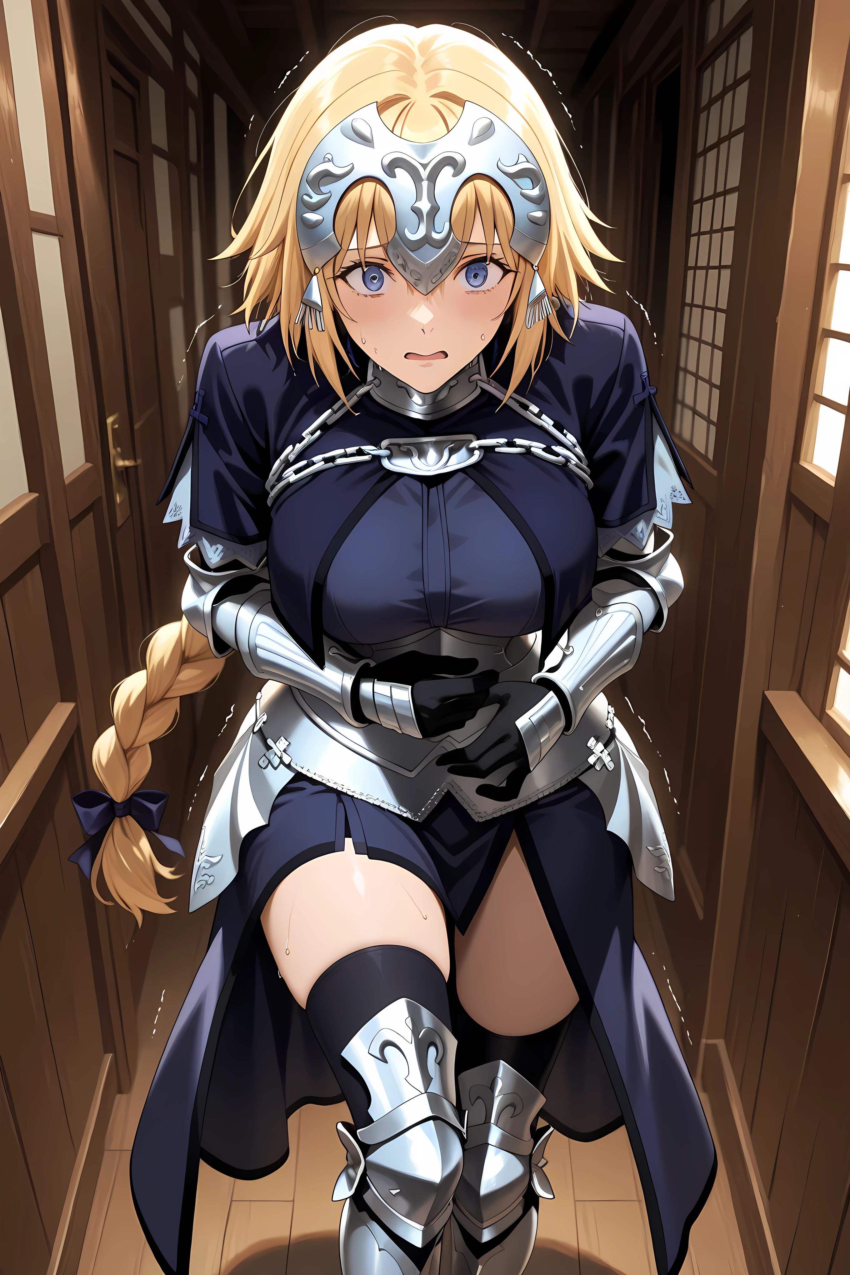 jeanne d arc, blonde hair, blue eyes, long hair, large breasts,,armor, armored boots, armored dress, black gloves, black thighhighs, braid, dress, gauntlets, gloves, headpiece, blue dress, single braid, thighhighs,,
,Solo, general, masterpiece, highres, ultra-detailed, hyper-detailed, best quality,  amazing quality, very aesthetic, best hands, best eyes, best hand
adult woman, 1woman, hand on own stomach, sweat,  leaning forward, nervous, scared, trembling legs, wooden house hallway
