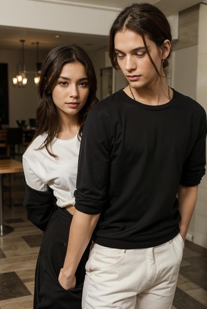 The man's shirt is light-black, his pants are black, and he has a watch on his left hand. The woman is wearing a light-purple dress, her hair is black, and she is wearing a watch on her right hand. Both are a couple. The color of the skin is pale. The floor is an old house indian cupple