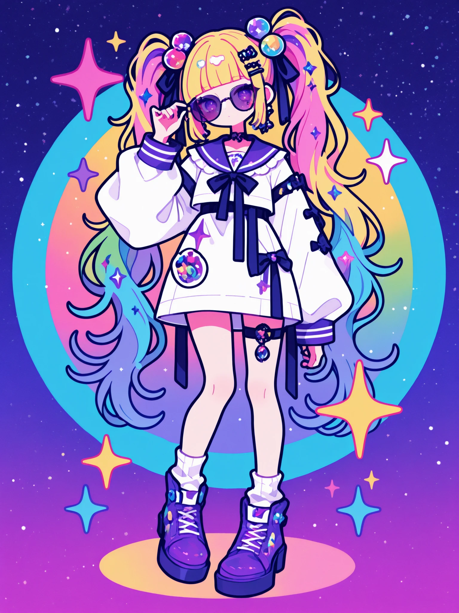 Woman, solo, colorfulな爪, rimless, purple eyes, long hair,, hair ornaments, hairpin、ribbon, colorful, pop background, multicolor hair, Sparkling Makeup on Her Face、Harajuku、Poses with Movement、from above、sunglasses、Full Body、Gal