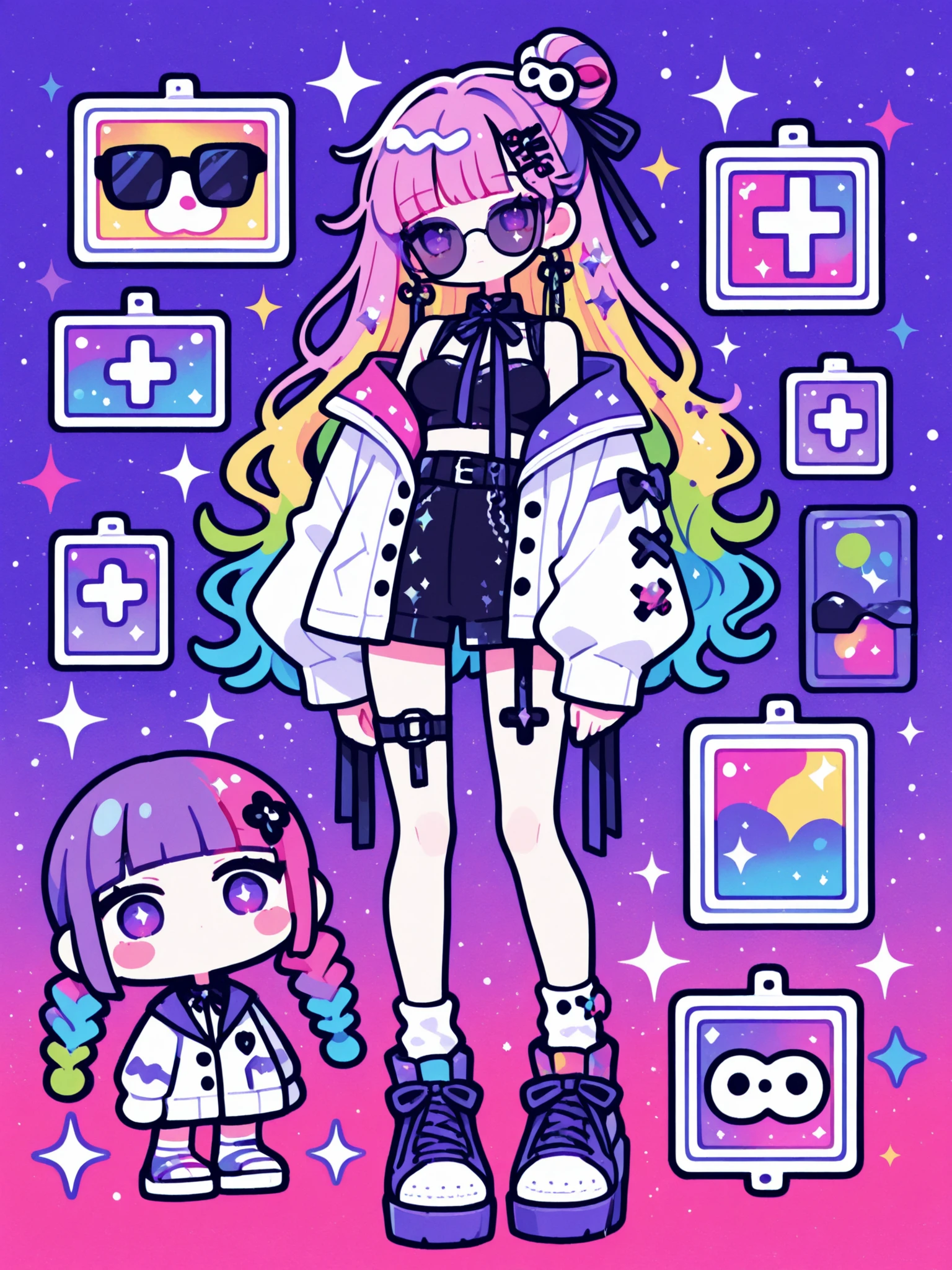 Woman, solo, colorfulな爪, rimless, purple eyes, long hair,, hair ornaments, hairpin、ribbon, colorful, pop background, multicolor hair, Sparkling Makeup on Her Face、Harajuku、Poses with Movement、from above、sunglasses、Full Body、Gal