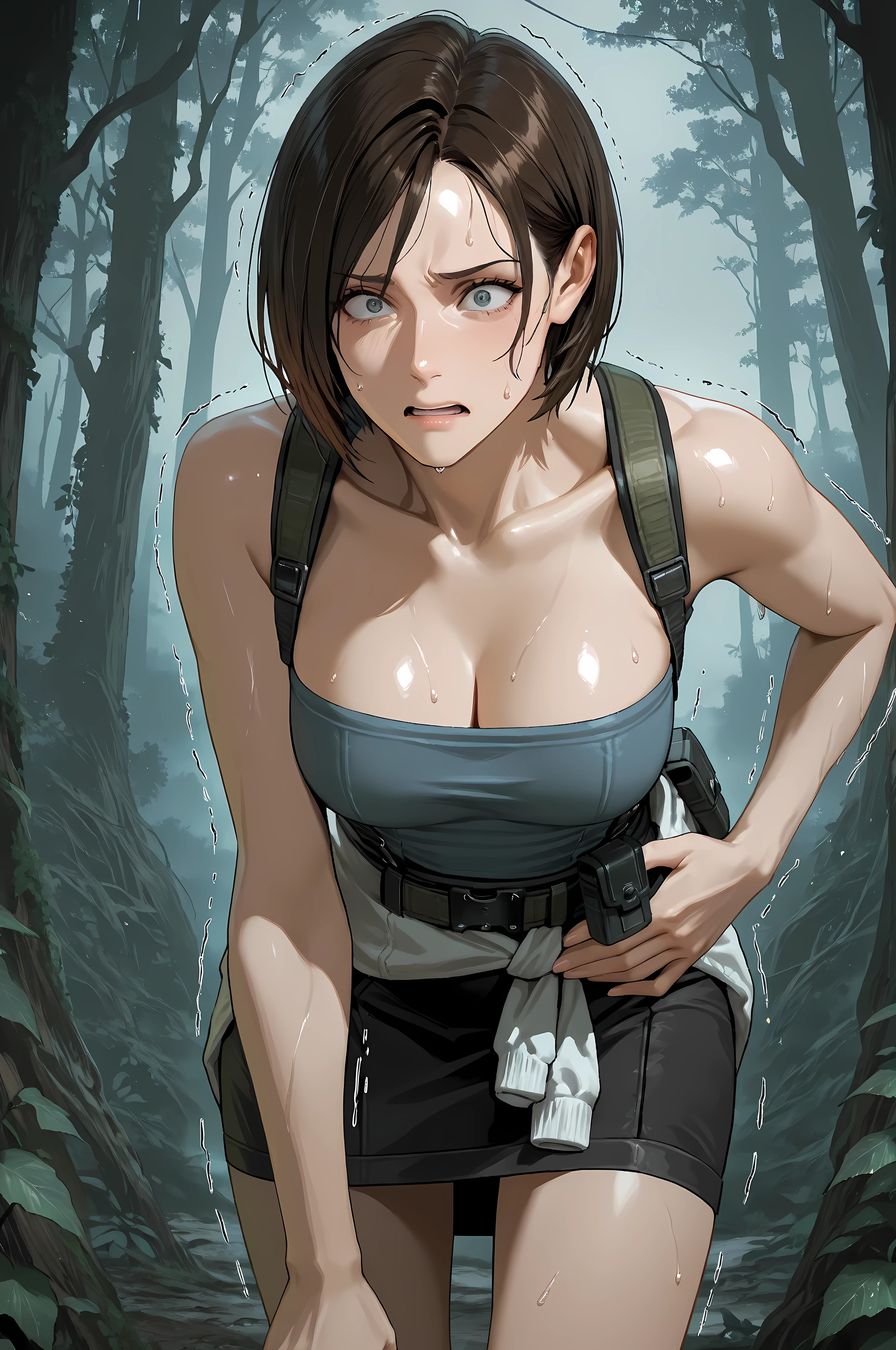 JVRE3, brown hair, bob cut, short hair, suspenders, belt pouch, tube top, pencil skirt, clothes around waist, half body shot, close up,
Solo, general, masterpiece, highres, ultra-detailed, hyper-detailed, best quality, amazing quality, very aesthetic, best hands, best eyes, best hand
adult woman, 1woman, hand on own stomach, sweat, leaning forward, nervous, scared, trembling legs, open field, huge forest, abandoned budling background, overgrown vine, dark gray sky,