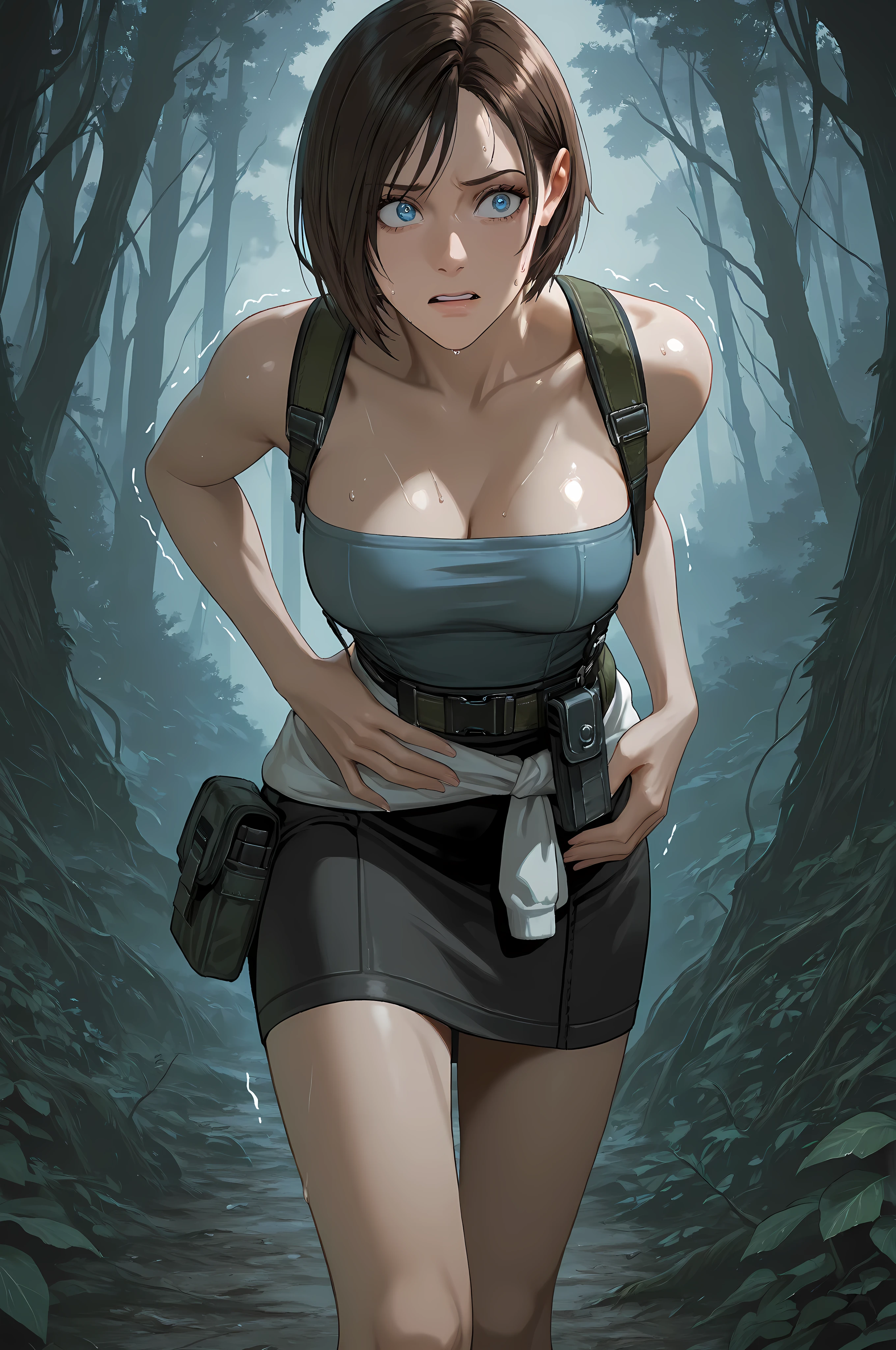 JVRE3, brown hair, bob cut, short hair, suspenders, belt pouch, tube top, pencil skirt, clothes around waist, half body shot, close up,
Solo, general, masterpiece, highres, ultra-detailed, hyper-detailed, best quality, amazing quality, very aesthetic, best hands, best eyes, best hand
adult woman, 1woman, hand on own stomach, sweat, leaning forward, nervous, scared, trembling legs, open field, huge forest, abandoned budling background, overgrown vine, dark gray sky, blue eyes, blue iris, big eyes,