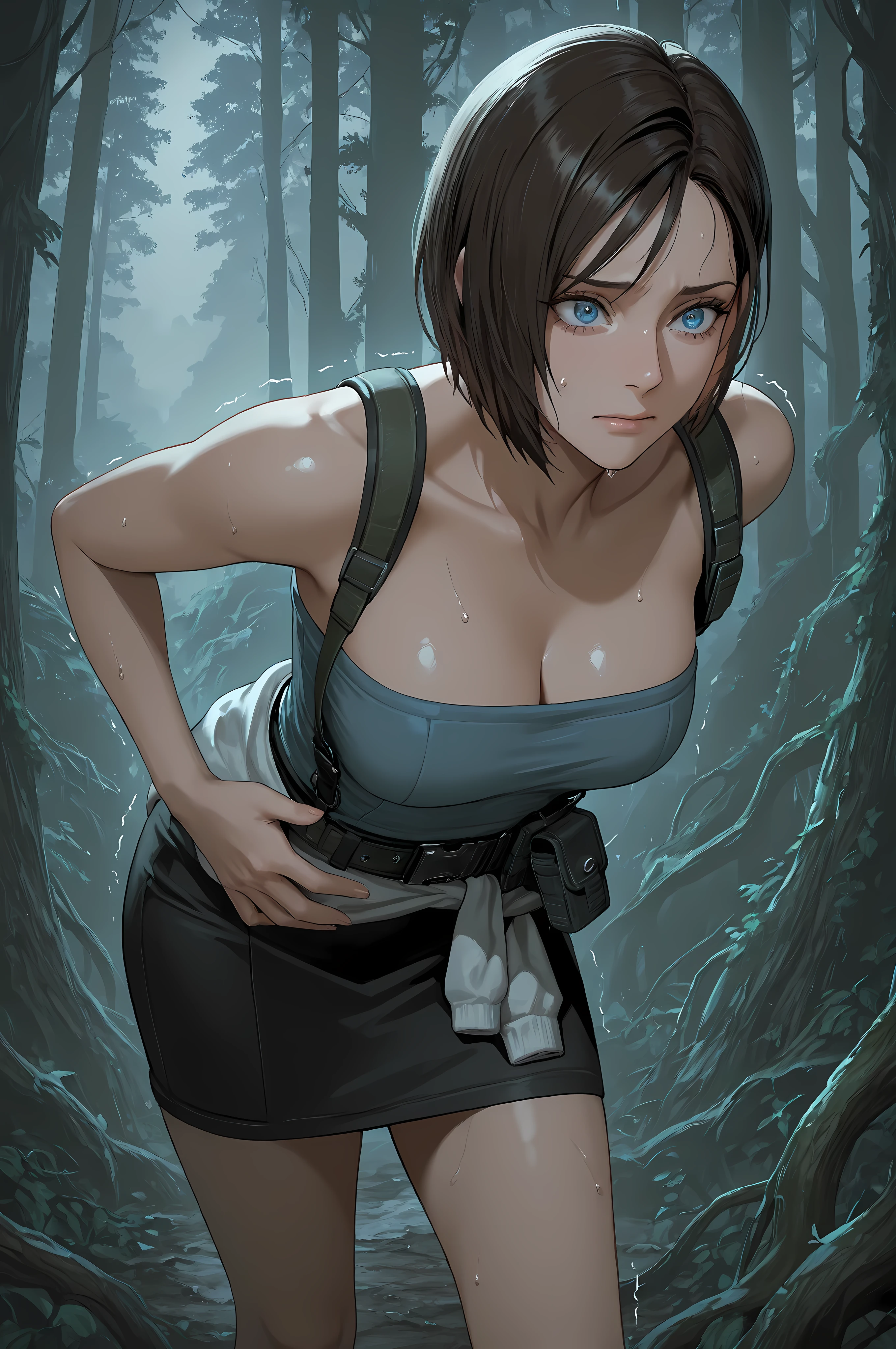 JVRE3, brown hair, bob cut, short hair, suspenders, belt pouch,   tube top, pencil skirt, clothes around waist, half body shot, close up, 
Solo, general, masterpiece, highres, ultra-detailed, hyper-detailed, best quality,  amazing quality, very aesthetic, best hands, best eyes, best hand
adult woman, 1woman, hand on own stomach, sweat,  leaning forward, nervous, scared, trembling legs, open field, huge forest, abandoned budling background, overgrown vine, dark gray sky, blue eyes, blue iris, big eyes,
