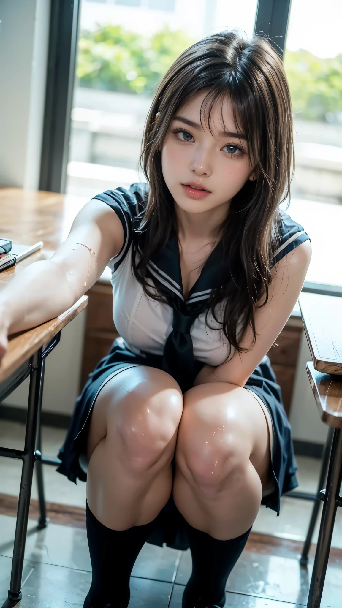 (8K、Raw photography、top-quality、​masterpiece:1.2、realisitic、Photorealsitic、highcontrast、photon maping、photon maping、Photorealsitic、ultra-detailliert、profetional lighting、low angles:1.2)、(1 girl in)、(独奏:1.5)、(full body Esbian)、(Height is 165 cm)、(18-year-old schoolgirl)、(Shinjuku at night Japan)、(Sidewalk lined with shops)、(Japan high school uniform and designated shoes)、(Dark blue blazer:1.2)、(short plaid skirt:1.5)、(White shirt for students)、 (neck tie:0.6)、(Looking at the front and squatting with the  open)、(My uniform has come off to my shoulders, and my  is swaying、Exposed beige bra: 1.5)、(Skirt flipping)、(ＭCharacter opening leg)、(100 degree leg opening)、( open:1.2)、(Light brown medium hair)、(See-through wet white panties:1.5)、(cammel toe)、(Black loafers:1.5)、(beauitful face:1.perfectly proportioned:1.2)、(Long feet:1.2)、(small :1.Anti can be seen from under the skirt:1.3)、(woman's pubic area is clearly visible:1.4)、(Have pubic hair:1.4)、(witheout panties:1.2)、(Textured skin)