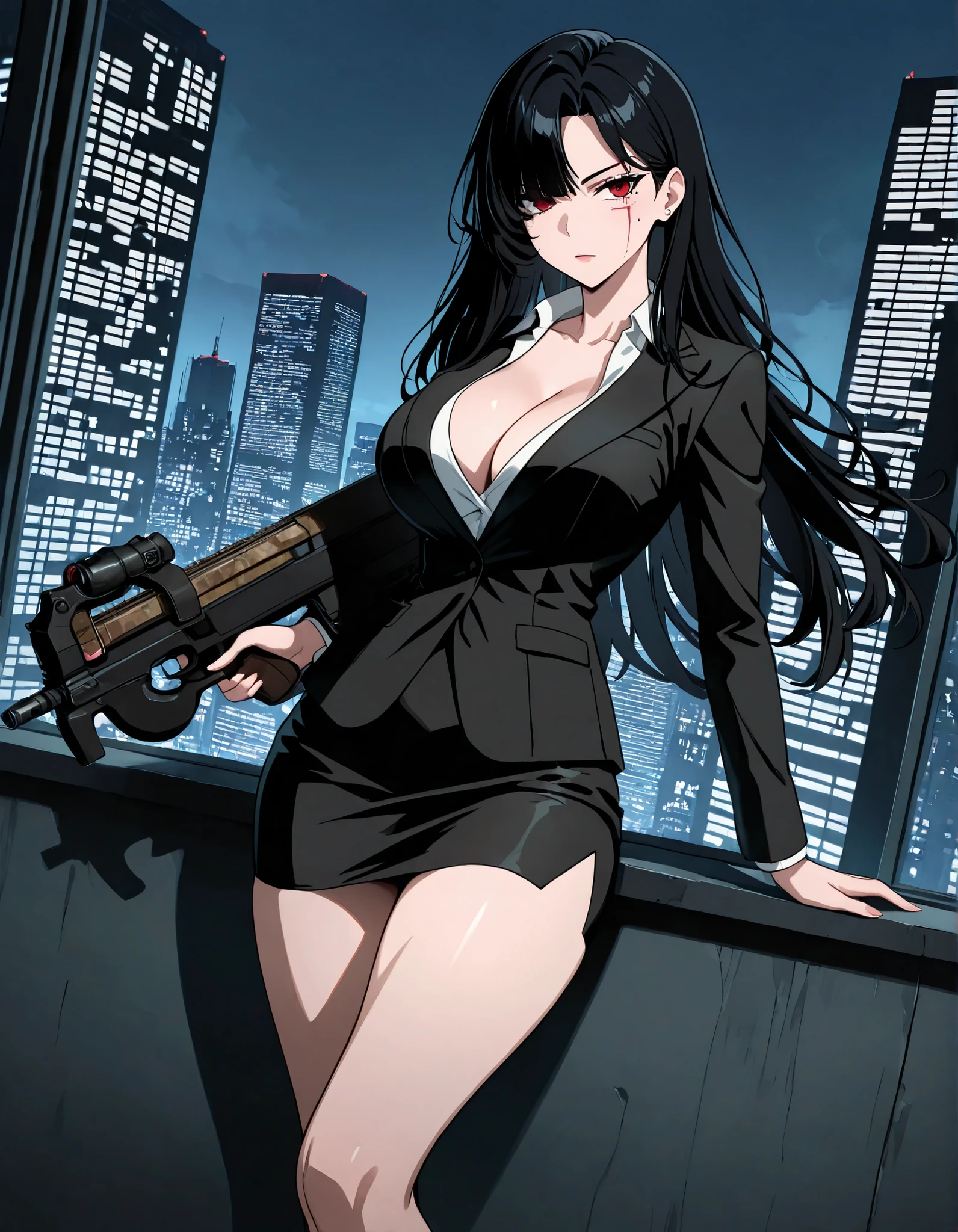 masterpiece, best quality, fantastic quality, absurdres, ideal anatomy, ideal proportions, 1girl, bangs, bare legs, black hair, black jacket, black skirt, breasts, bullpup, cleavage, collarbone, finger on trigger, formal, gun, holding, holding gun, holding weapon, jacket, large breasts, long hair, looking at viewer, machine gun, magazine_\(weapon\), miniskirt, mole, mole under eye, P90, pencil skirt, red eyes, red facial scar over left eye, scope, skirt, white shirt, skirt suit, skyscraper, sling, solo, submachine gun, trigger discipline, weapon