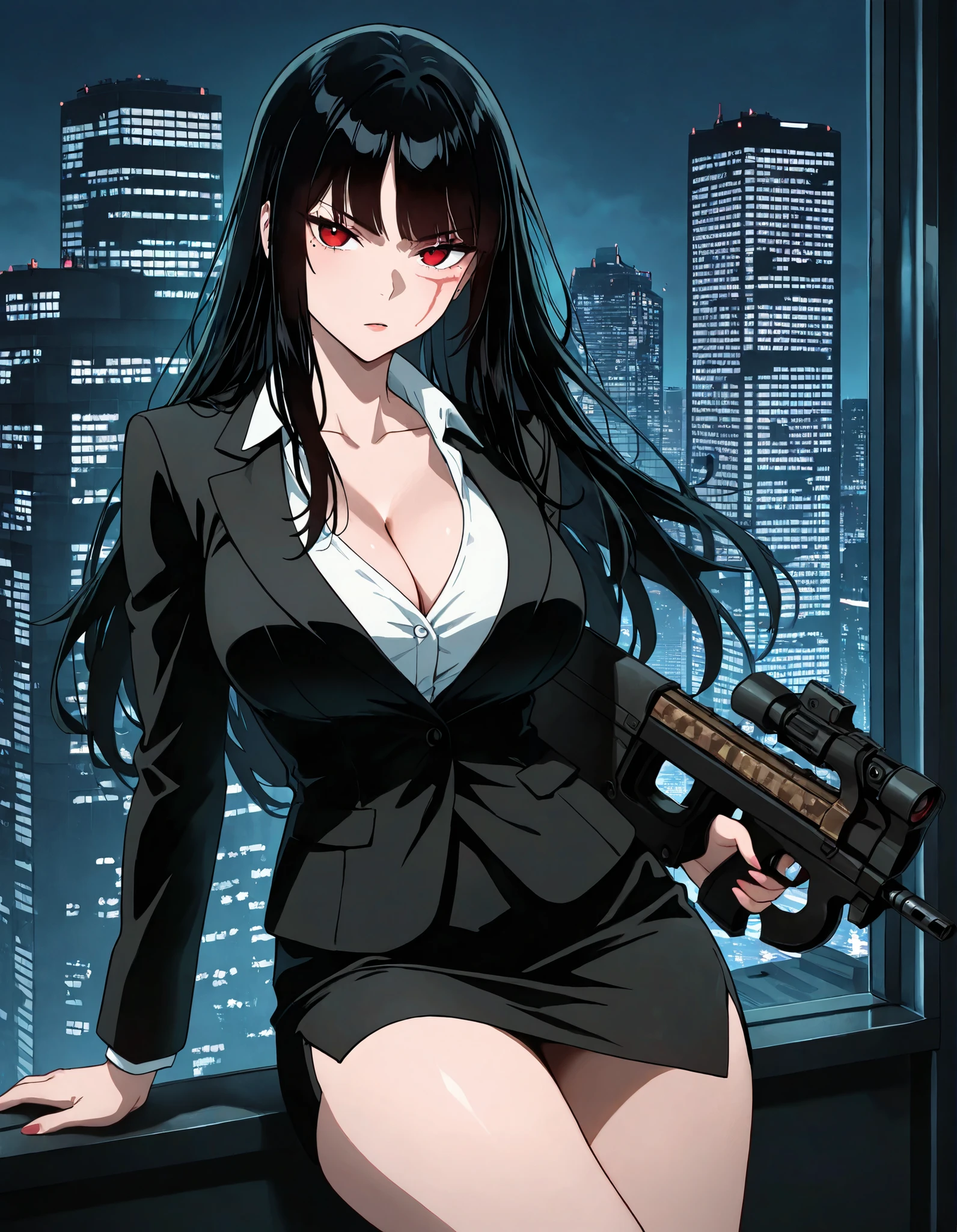 masterpiece, best quality, fantastic quality, absurdres, ideal anatomy, ideal proportions, 1girl, bangs, bare legs, black hair, black jacket, black skirt, breasts, bullpup, cleavage, collarbone, finger on trigger, formal, gun, holding, holding gun, holding weapon, jacket, large breasts, long hair, looking at viewer, machine gun, magazine_\(weapon\), miniskirt, mole, mole under eye, P90, pencil skirt, red eyes, red facial scar over left eye, scope, skirt, white shirt, skirt suit, skyscraper, sling, solo, submachine gun, trigger discipline, weapon