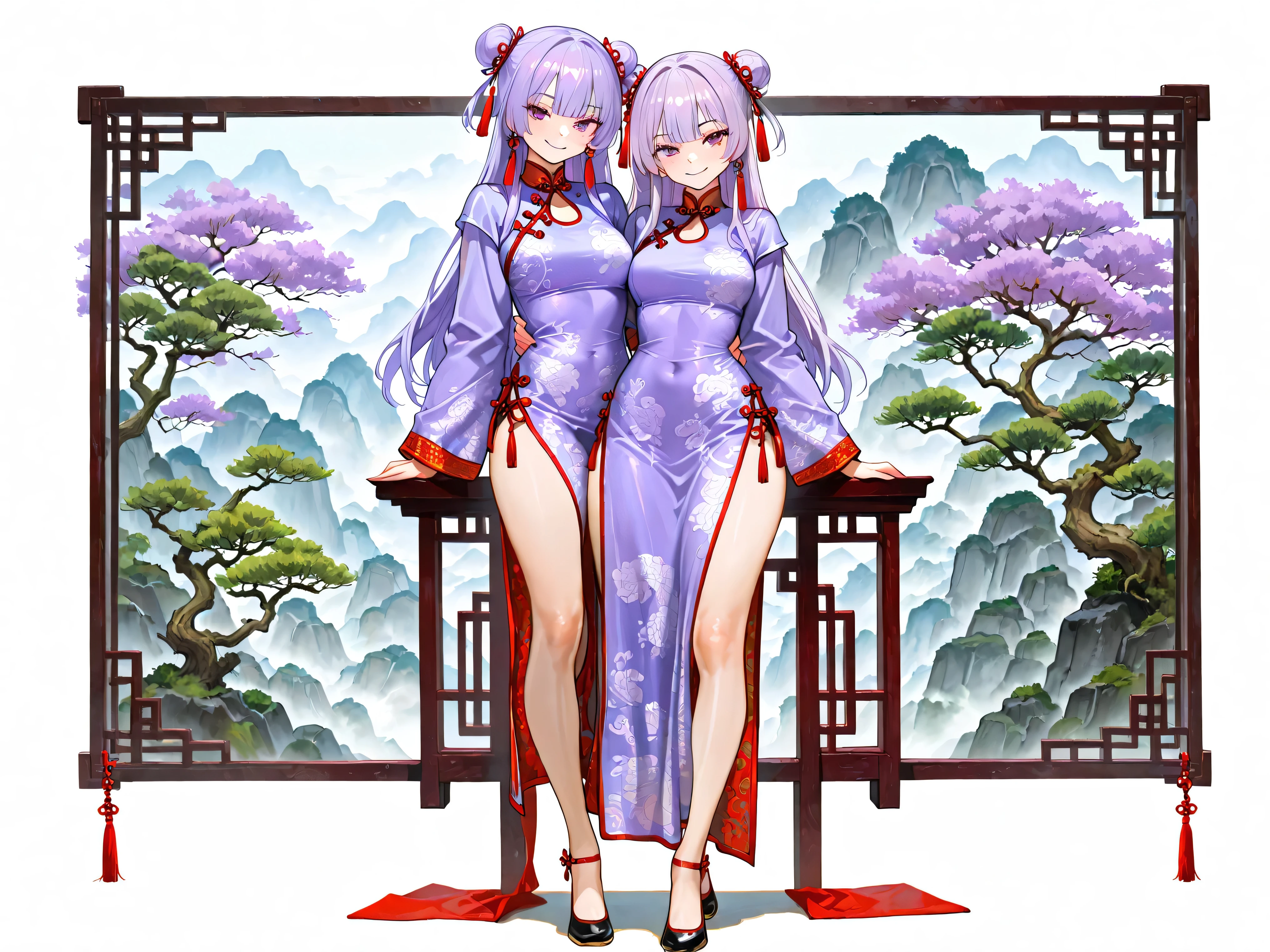 womanhood,Short Height,light purple hair,long hair,Smile,wearing Chinese clothes,Full Body,posing,High Quality,4K,Ultra Fine,Vivid Colors,Bustering,Traditional,Four-bodied,professional,HDR,