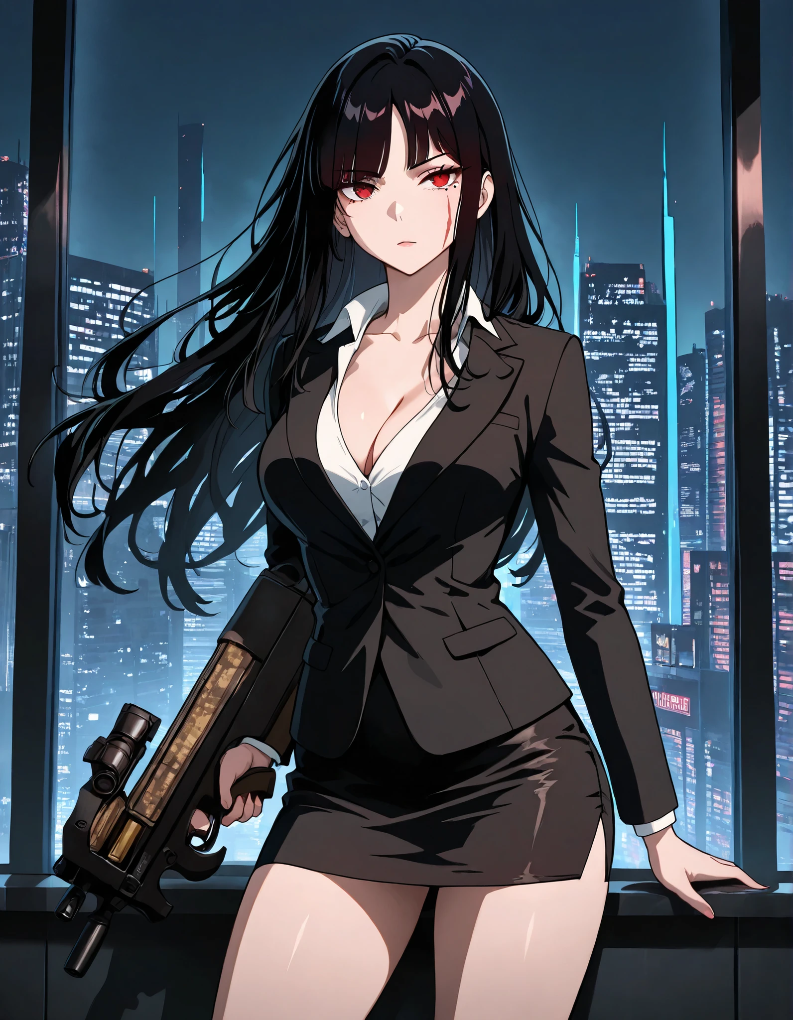 masterpiece, best quality, fantastic quality, absurdres, ideal anatomy, ideal proportions, 1girl, bangs, bare legs, black hair, black jacket, black skirt, breasts, bullpup, cleavage, collarbone, finger on trigger, formal, gun, holding, holding gun, holding weapon, jacket, standard breasts, long hair, looking at viewer, machine gun, magazine_\(weapon\), miniskirt, mole, mole under eye, P90, pencil skirt, red eyes, red facial scar over left eye, scope, skirt, white shirt, skirt suit, skyscraper, sling, solo, submachine gun, trigger discipline, weapon