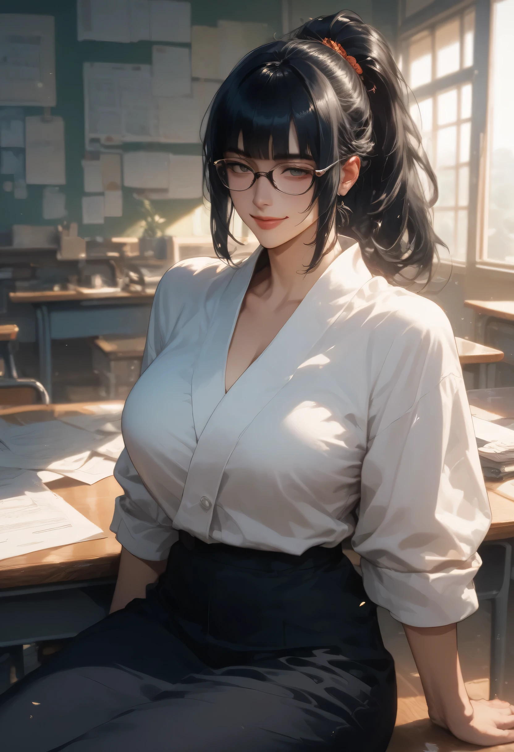 masterpiece, modern Japanese woman, manga artist, tired expression with a smile, glasses, black hair, hime cut, ponytail, sitting at desk, voluptuous