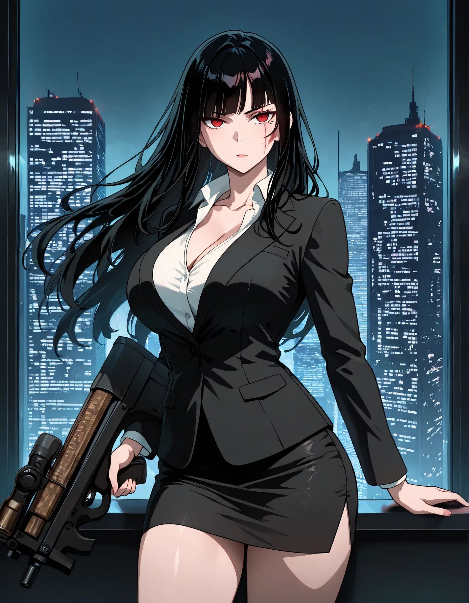 masterpiece, best quality, fantastic quality, absurdres, ideal anatomy, ideal proportions, 1girl, bangs, bare legs, black hair, black jacket, black skirt, breasts, bullpup, cleavage, collarbone, finger on trigger, formal, gun, holding, holding gun, holding weapon, jacket, large breasts, long hair, looking at viewer, machine gun, magazine_\(weapon\), miniskirt, mole, mole under eye, P90, pencil skirt, red eyes, red facial scar over left eye, scope, skirt, white shirt, skirt suit, skyscraper, sling, solo, submachine gun, trigger discipline, weapon