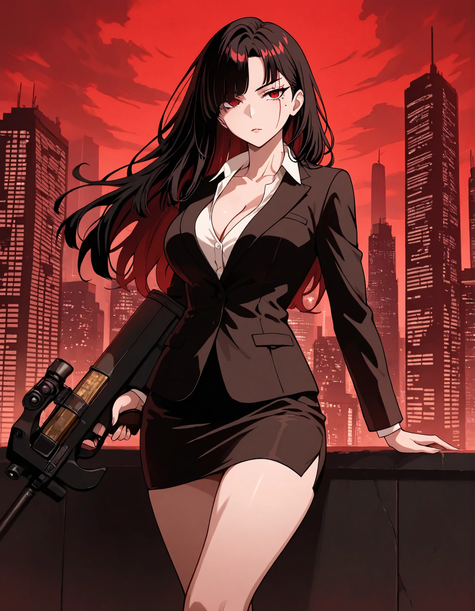 masterpiece, best quality, fantastic quality, absurdres, ideal anatomy, ideal proportions, 1girl, bangs, bare legs, black hair, black jacket, black skirt, breasts, bullpup, cleavage, collarbone, finger on trigger, formal, gun, holding, holding gun, holding weapon, jacket, standard breasts, long hair, looking at viewer, machine gun, magazine_\(weapon\), miniskirt, mole, mole under eye, P90, pencil skirt, red eyes, red facial scar over left eye, scope, skirt, white shirt, skirt suit, skyscraper, sling, solo, submachine gun, trigger discipline, weapon