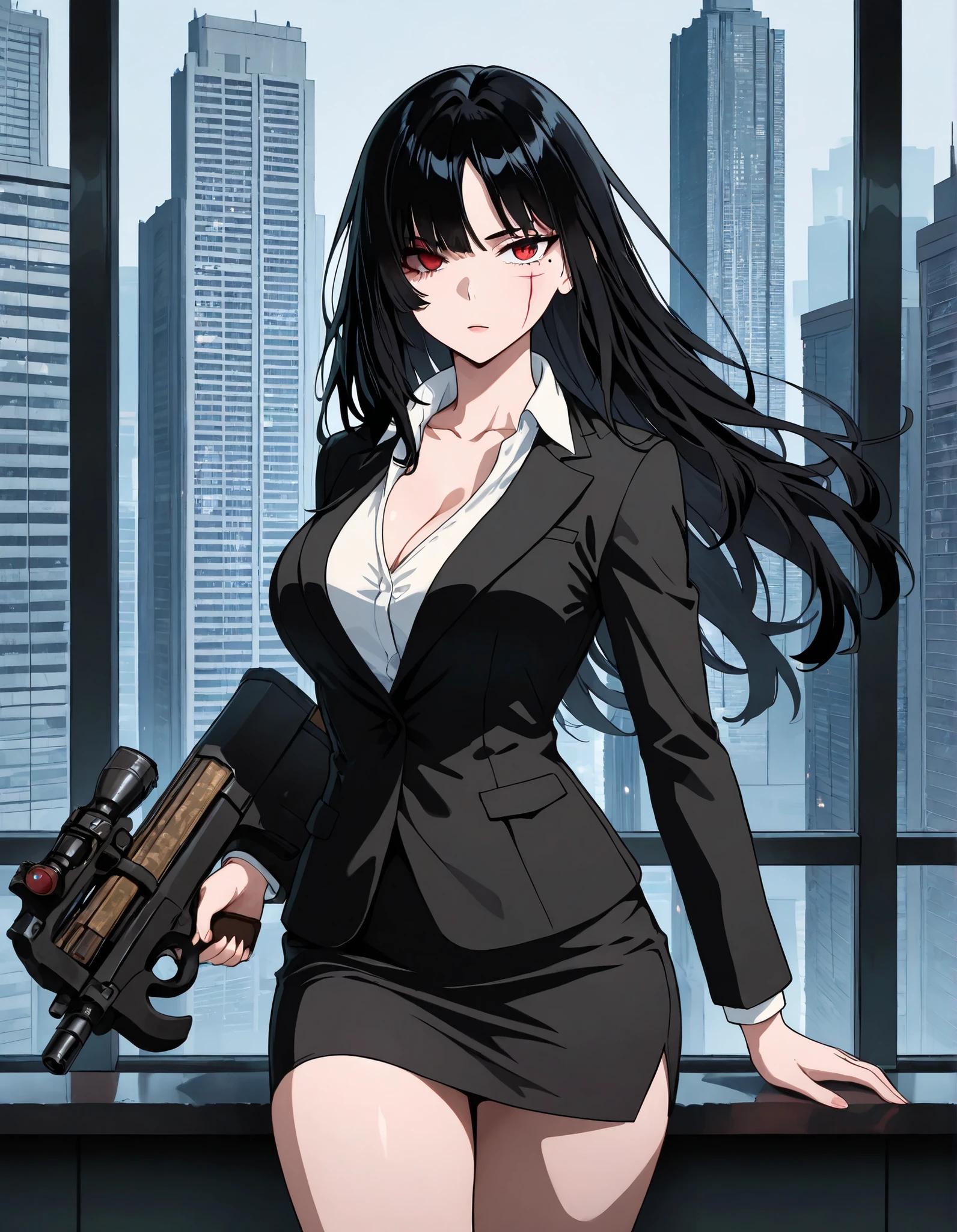 masterpiece, best quality, fantastic quality, absurdres, ideal anatomy, ideal proportions, 1girl, bangs, bare legs, black hair, black jacket, black skirt, breasts, bullpup, cleavage, collarbone, finger on trigger, formal, gun, holding, holding gun, holding weapon, jacket, standard breasts, long hair, looking at viewer, machine gun, magazine_\(weapon\), miniskirt, mole, mole under eye, P90, pencil skirt, red eyes, red facial scar over left eye, scope, skirt, white shirt, skirt suit, skyscraper, sling, solo, submachine gun, trigger discipline, weapon