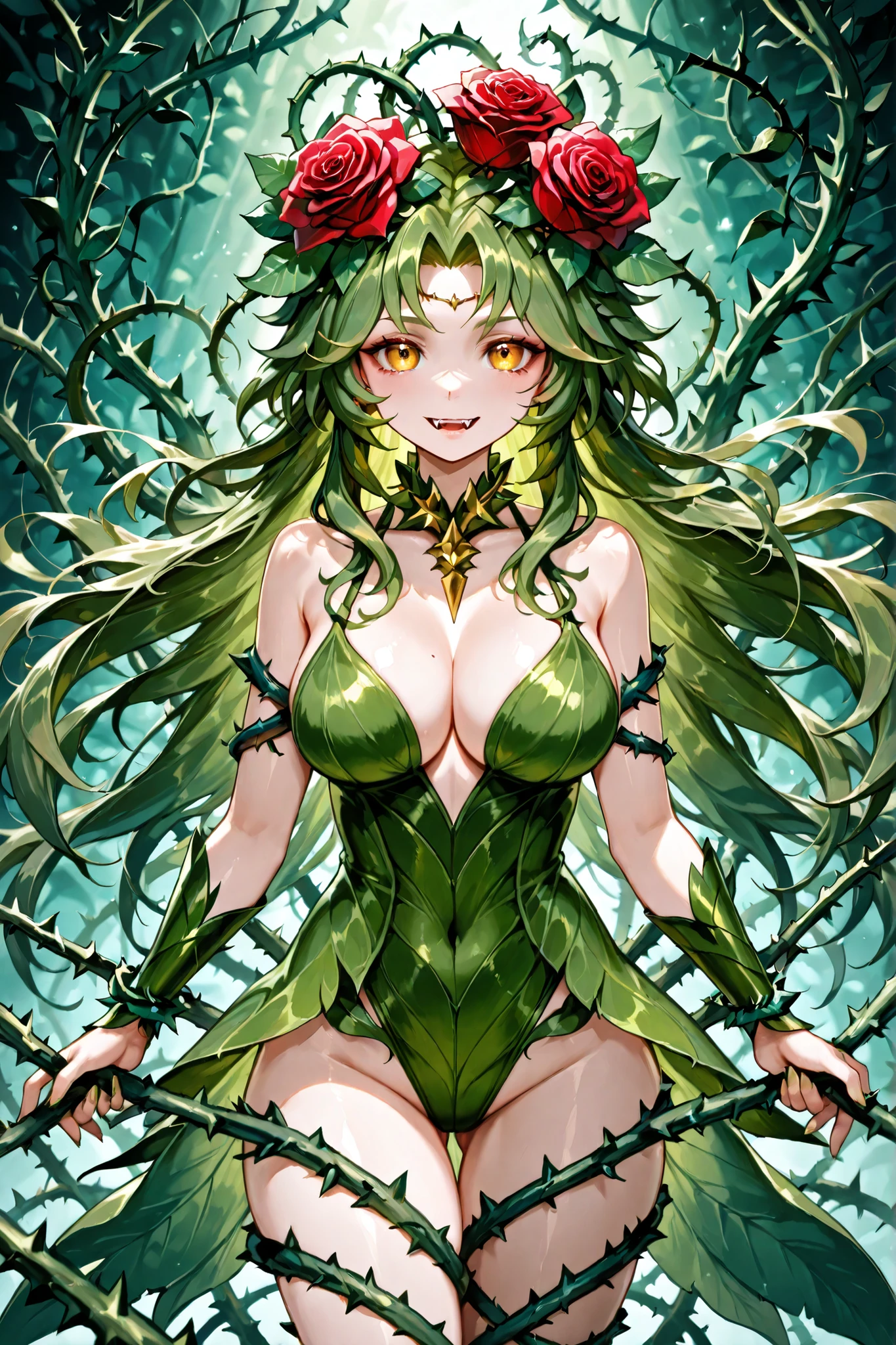 Dryad Style Girl. Leaf Hair . Flowers on head. Thorn. Rose by Artgerm and Greg Rutkowski. Flower with Fangs.