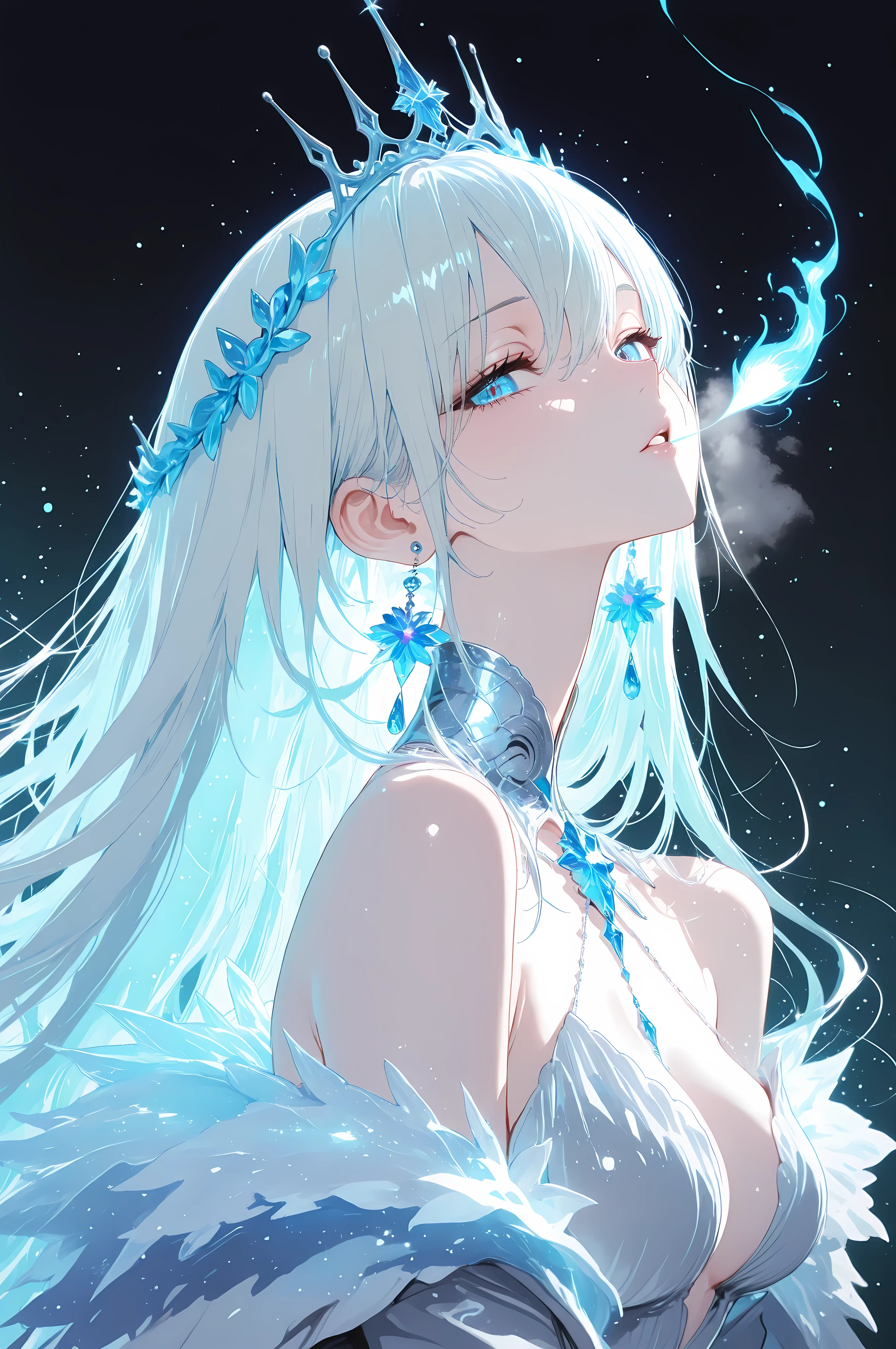 (masterpiece, best quality, surrealism illustration, ultra-detailed, anime style),  
waist-up portrait of an elegant queen, facing forward directly with a mysterious expression,  
she gracefully cups her hands close to her lips as if releasing a fragile secret,  
from her mouth she exhales a visible white breath, flowing outward softly and gracefully toward the viewer,  
the breath shimmers faintly with ethereal light, scattering delicate luminous particles drifting in front of her,  
her regal gown shaped like a tailored suit glimmers subtly with frosty textures,  
a crown of crystalline ornaments rests on her head,  
long flowing hair cascading down, faint strands gently stirred by the flow of her breath,  
her gaze is direct yet enigmatic, cold but faint warmth flickers deep in her eyes,  
background: pure black, absolute nothingness, emphasizing the glow of her breath and particles,  
cinematic soft lighting, smooth light-shadow gradients across her face,  
blue-white palette accented with subtle luminous highlights,  
ethereal, mystical, and mysterious mood, no text, no watermark  