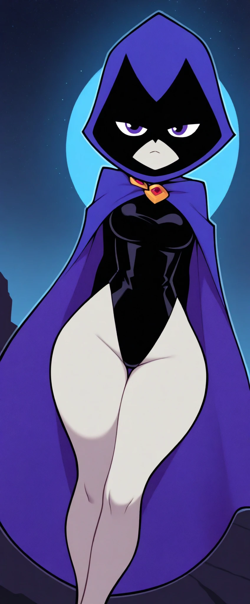 (solo:1.1),(masterpiece), (best quality:1.3),(nyantcha Style:1.3), ultra detailed, intricate, professional art, digital art, absurdres, shadraven, (Full body view:1.3), (far away view:1.1), 1girl, solo, (grey skin:1.4), dark purple hair, bob hair, dark purple eyes, hips wider than shoulders, pear shaped body, jewellery, detailed thighs, (thick thighs:1.3), red jewel in forehead, jewels, (long sleeved turtleneck leotard:1.4), (Red jewel Belt), (red jewel brooch), cuffs, small breasts, nipple bulge, (raven long dark purple hooded cape), (Shadraven brooch:1.2), Shadraven jewel belt, Shadraven wearing a long sleeved leotard with fingerless gloves and ankle boots and a hooded cape, long legs, ( detailed long thick veiny crotch bulge:1.4), large penis, large testicles, side view, looking at viewer, bubble butt , gluteal crease, universal lighting,(Detailed ass),
