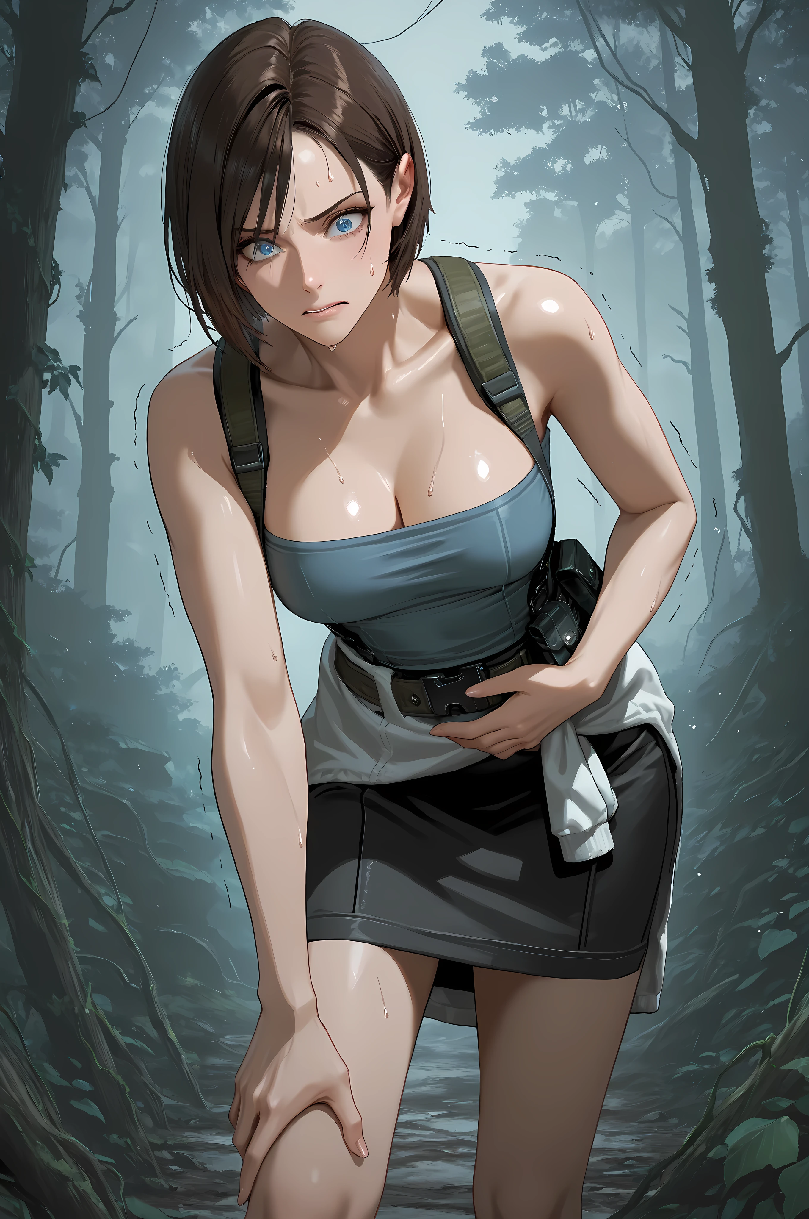 JVRE3, brown hair, bob cut, short hair, suspenders, belt pouch, tube top, pencil skirt, clothes around waist, half body shot, close up,
Solo, general, masterpiece, highres, ultra-detailed, hyper-detailed, best quality, amazing quality, very aesthetic, best hands, best eyes, best hand
adult woman, 1woman, hand on own stomach, sweat, leaning forward, nervous, scared, trembling legs, open field, huge forest, abandoned budling background, overgrown vine, dark gray sky, blue eyes, blue iris, big eyes, hand clutching stomach,