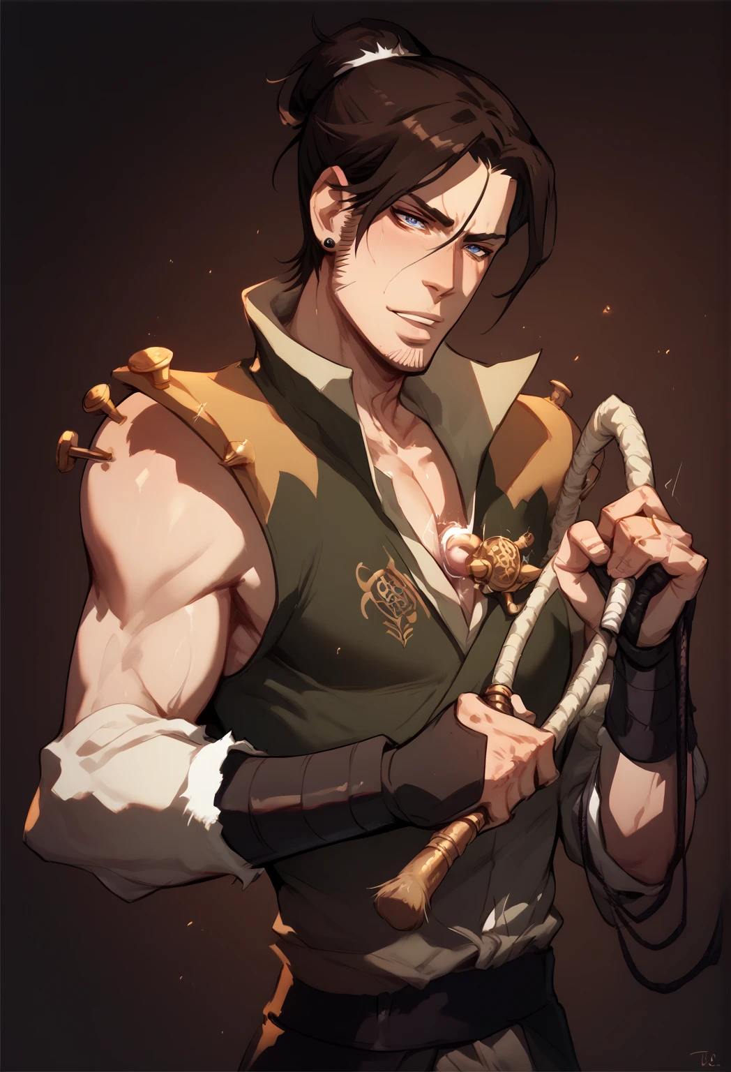 (((Solo character image.))) (((Generate a single character image.)))  1boy (((Dressed in medieval fantasy attire.))) (((Very sexy  expression.)))  Sexy male fantasy character.  Physique like a male warrior.  Generate an exciting yet sinister male fantasy adventurer for a dark and eerie fantasy setting.  He has shoulder length black hair and has a sinister attire and looks like an exciting villain for a fantasy setting. Large, sexy crotch area. Swashbuckler fashion. Great abs.  Great male physique.  This character is human, very dangerous and looks full of mischief.  He appears about 20 years old.  Ideal physique.  Realistic image.  Looks like a male version of actress Payton Preslee.  He has a legendary beauty that makes him memorable and a pleasure to look at.  Dresses like a male gypsy.  Romani. 