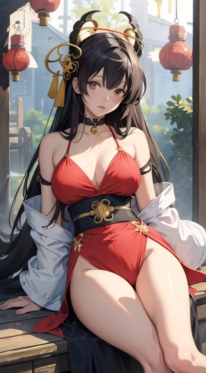 masterpiece, best quality, 1girl, red eyes, long hair, black hair, sitting, short and red kimono, ??????????????, ???????, embarrassed, nature, bridge, ???????, elf, perfect skin, ???????, ?????????, open kimono, pubic hair, large aureole, detailed ???????, realistic ???????, ????, cg,