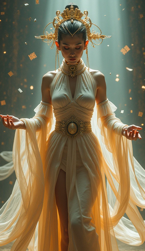 A cyberpunk Dunhuang Feitian goddess, (perfect face), (flowing silky robes:1.3), (mechanical arms:1.2), (holographic silk ribbons:1.4), (intricate gold headdress), surrounded by floating ancient Chinese text and digital glitch effects, (dancing gracefully), ethereal beauty, cinematic lighting, 8k, best quality, ultra detailed